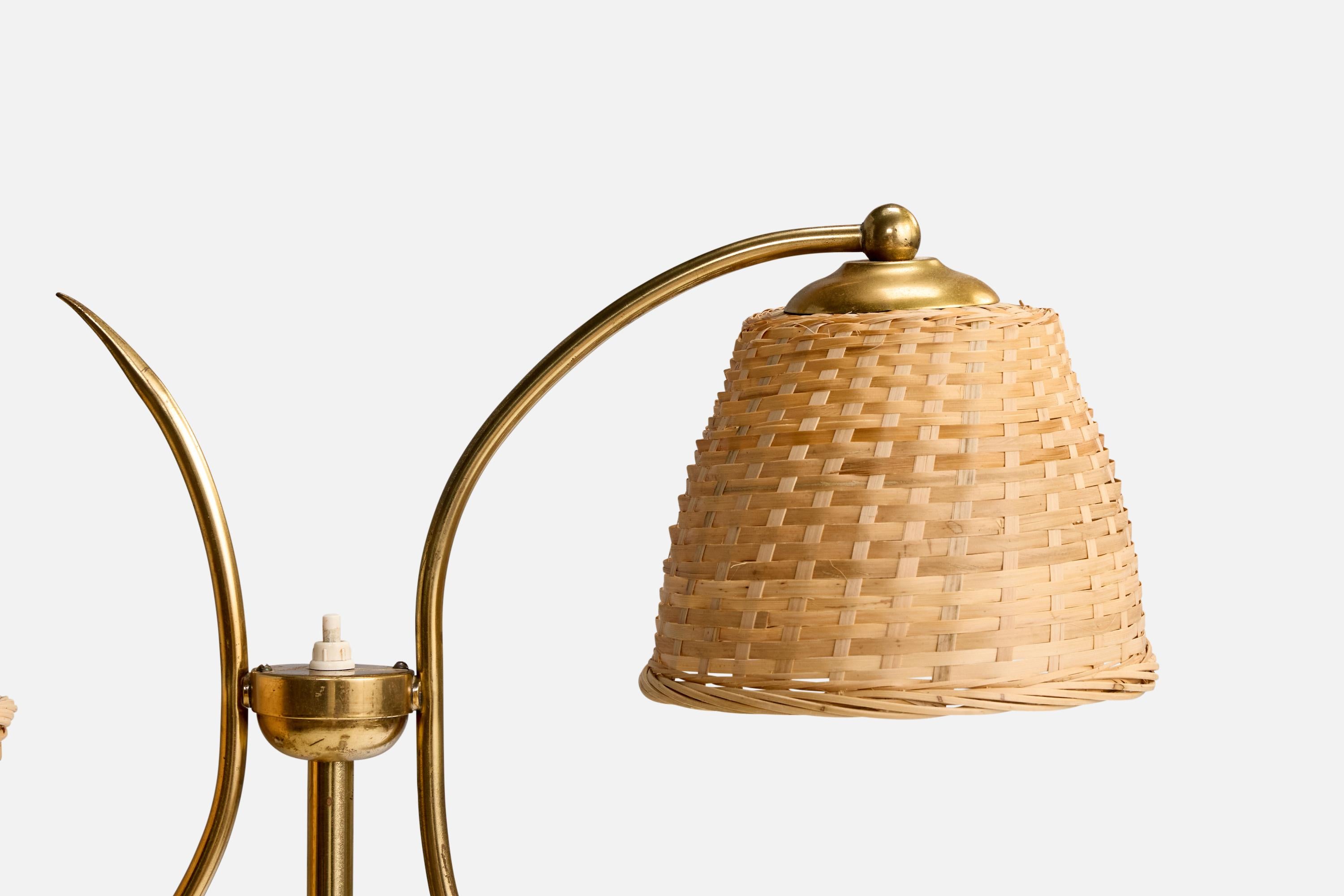 Swedish Ystad Metall, Floor Lamp, Brass, Rattan, Sweden, 1950s For Sale