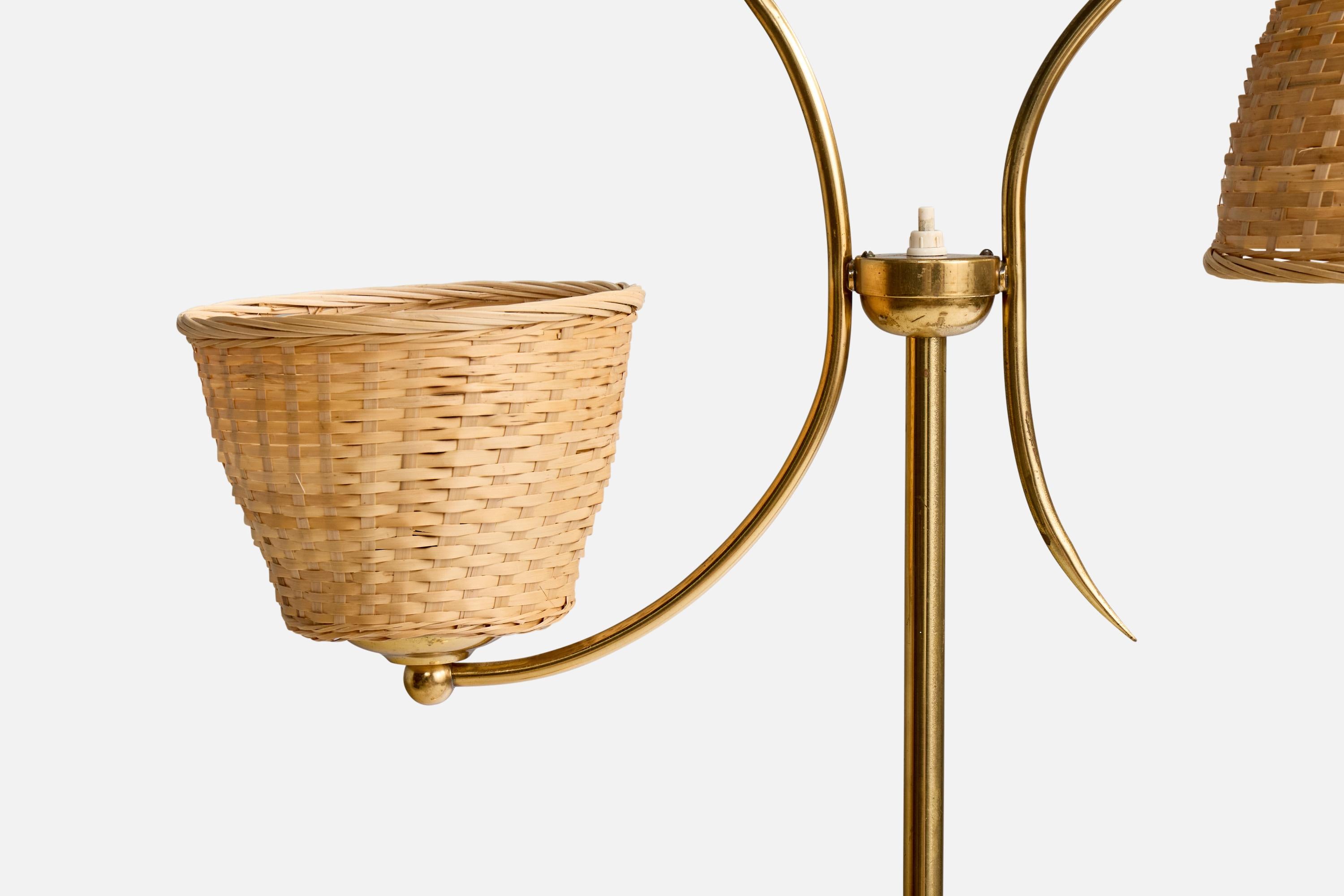Ystad Metall, Floor Lamp, Brass, Rattan, Sweden, 1950s In Good Condition For Sale In High Point, NC