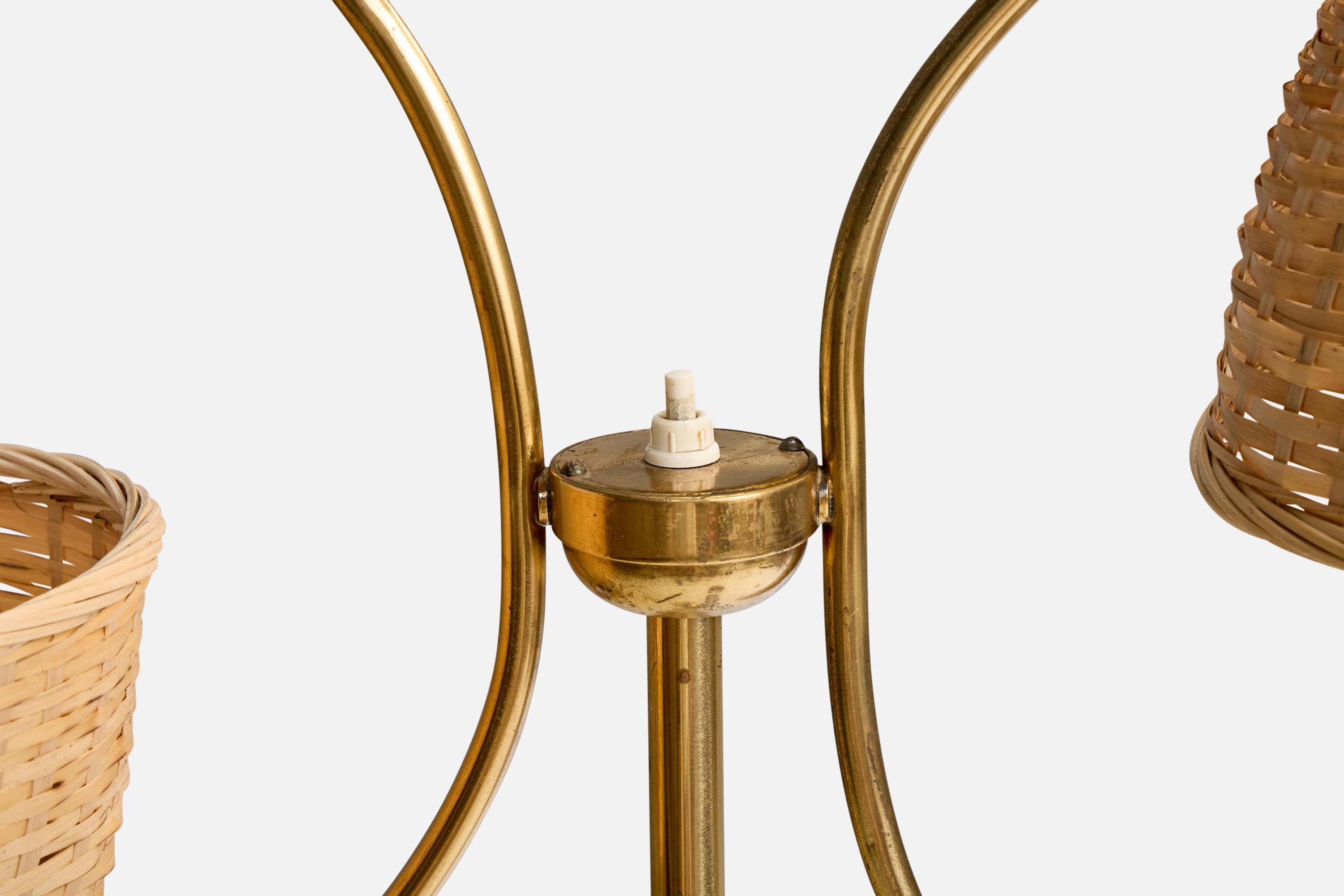 Mid-20th Century Ystad Metall, Floor Lamp, Brass, Rattan, Sweden, 1950s For Sale