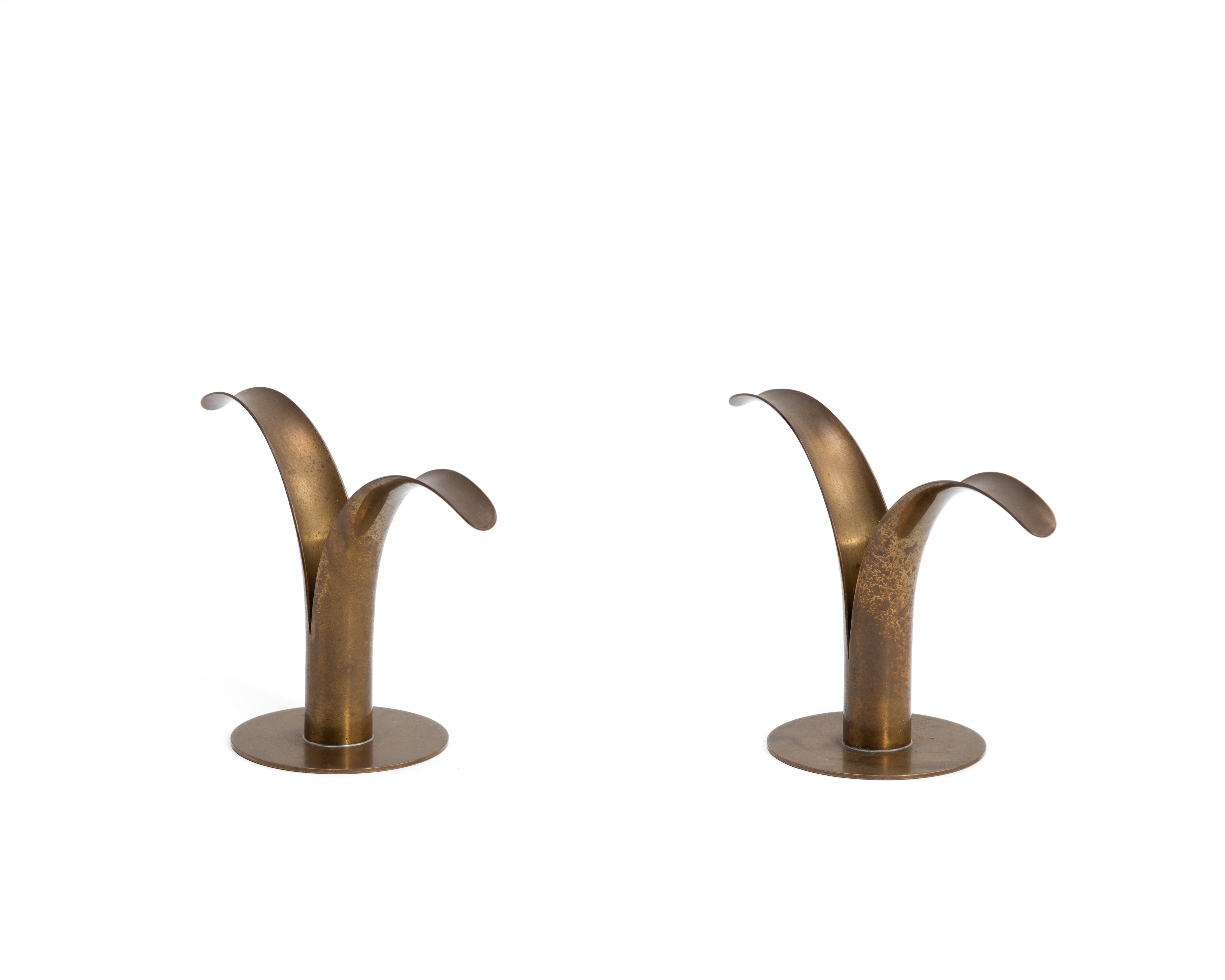 Mid-Century Modern Ystad Metall Ivar Åhlenius Björk Sweden Lily Brass Mid Century Candlesticks Pair For Sale
