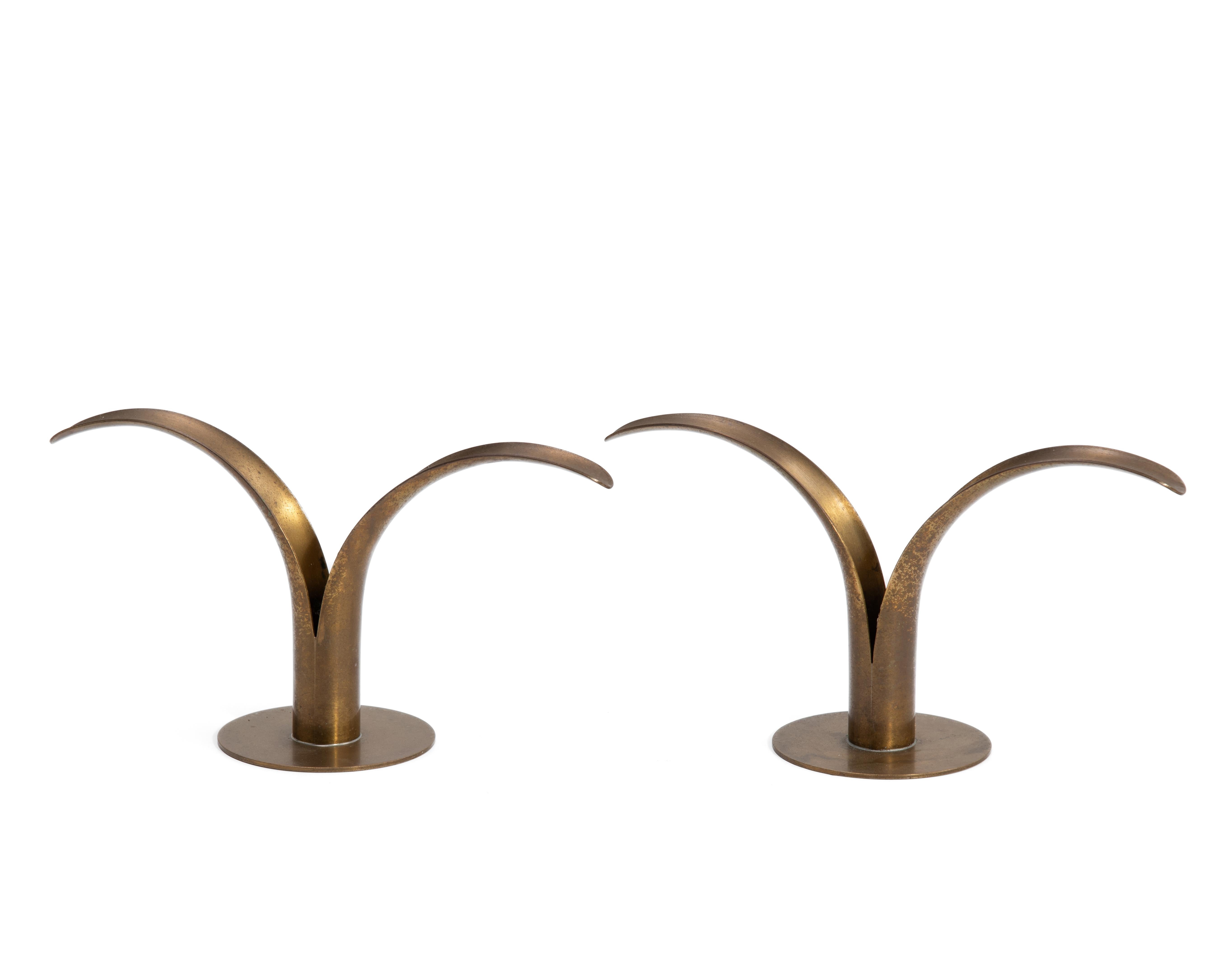 Swedish Ystad Metall Ivar Åhlenius Björk Sweden Lily Brass Mid Century Candlesticks Pair For Sale