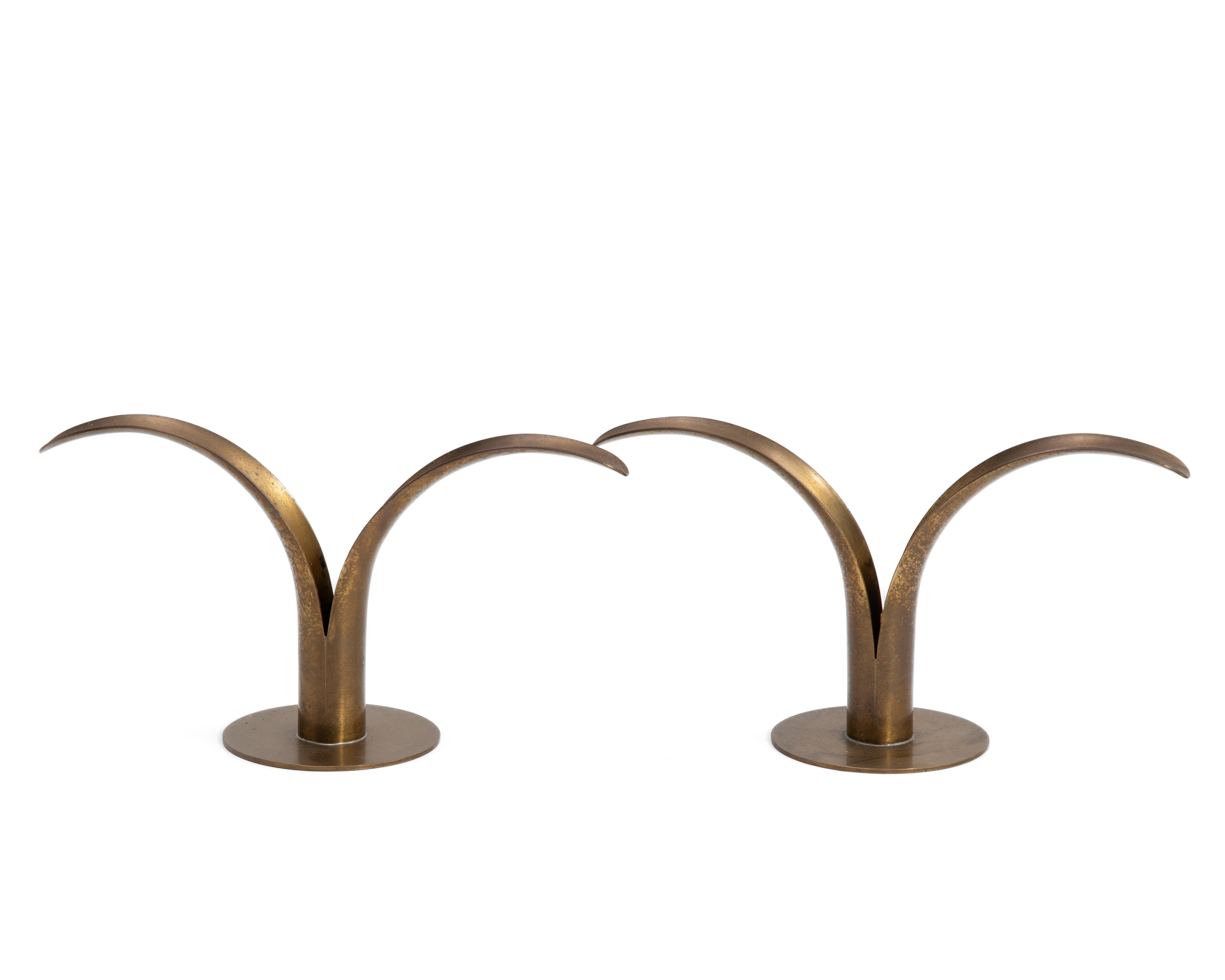 Ystad Metall Ivar Åhlenius Björk Sweden Lily Brass Mid Century Candlesticks Pair In Good Condition For Sale In Forest Grove, PA