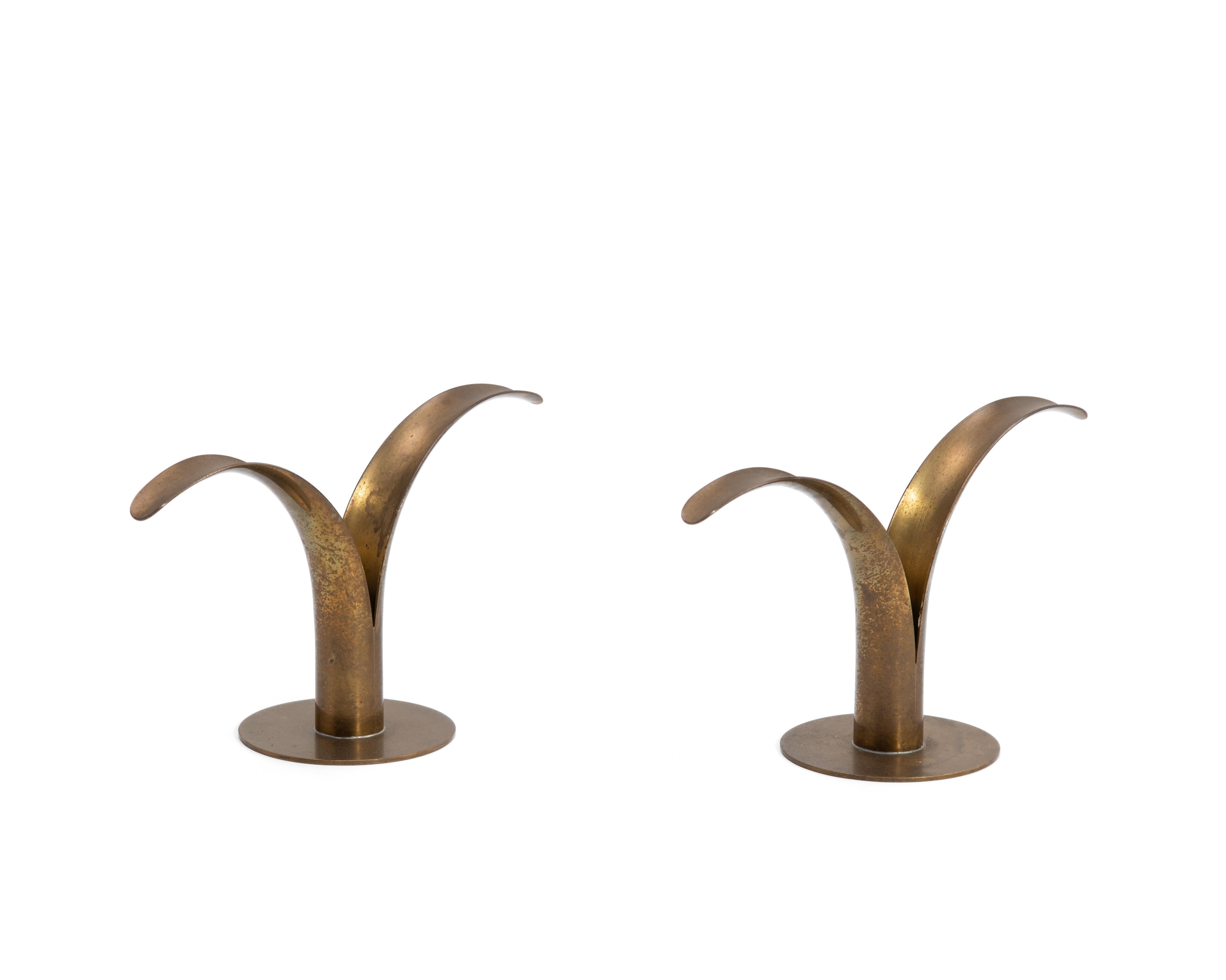 Mid-20th Century Ystad Metall Ivar Åhlenius Björk Sweden Lily Brass Mid Century Candlesticks Pair For Sale