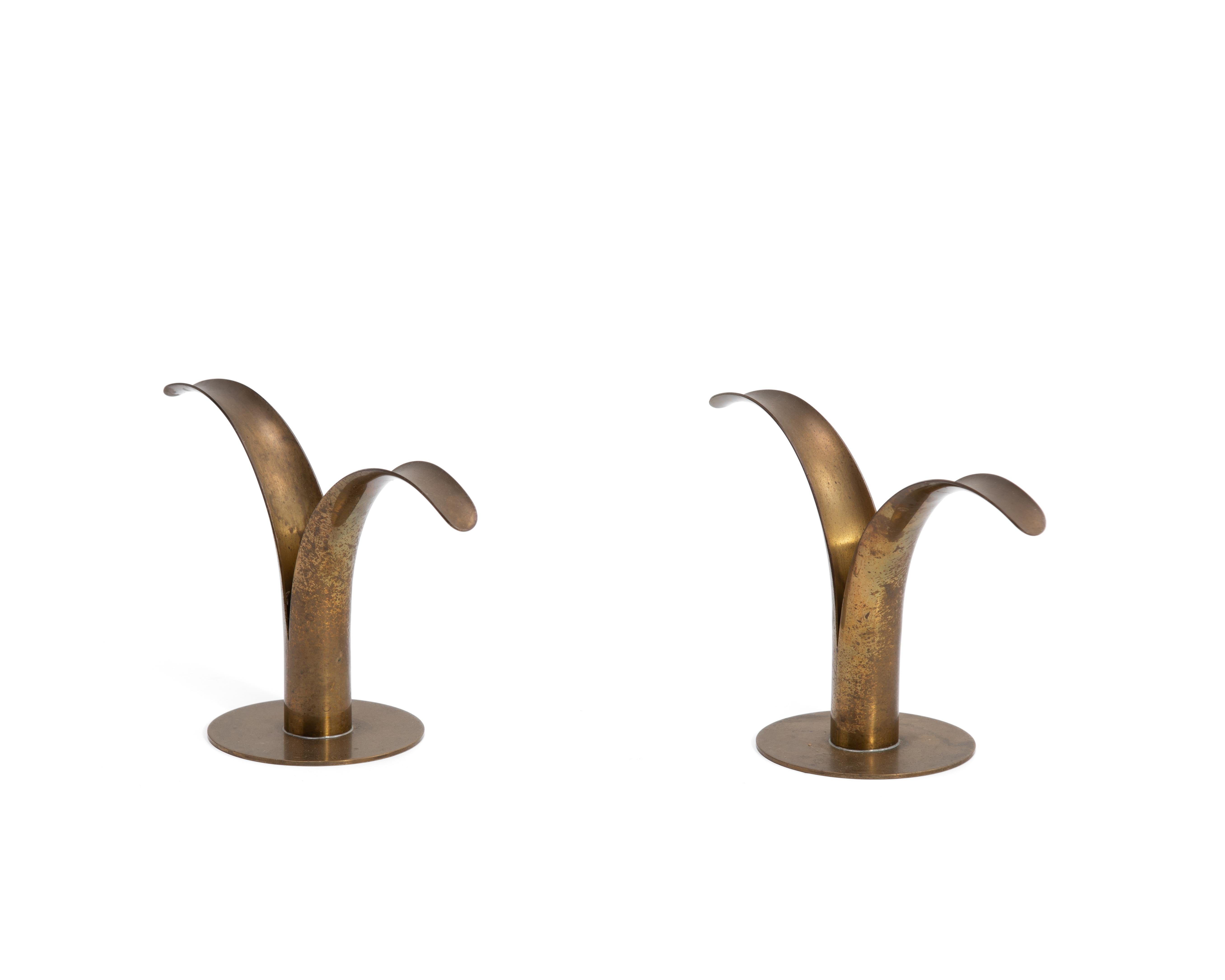 Ystad Metall Ivar Åhlenius Björk Sweden Lily Brass Mid Century Candlesticks Pair For Sale 1