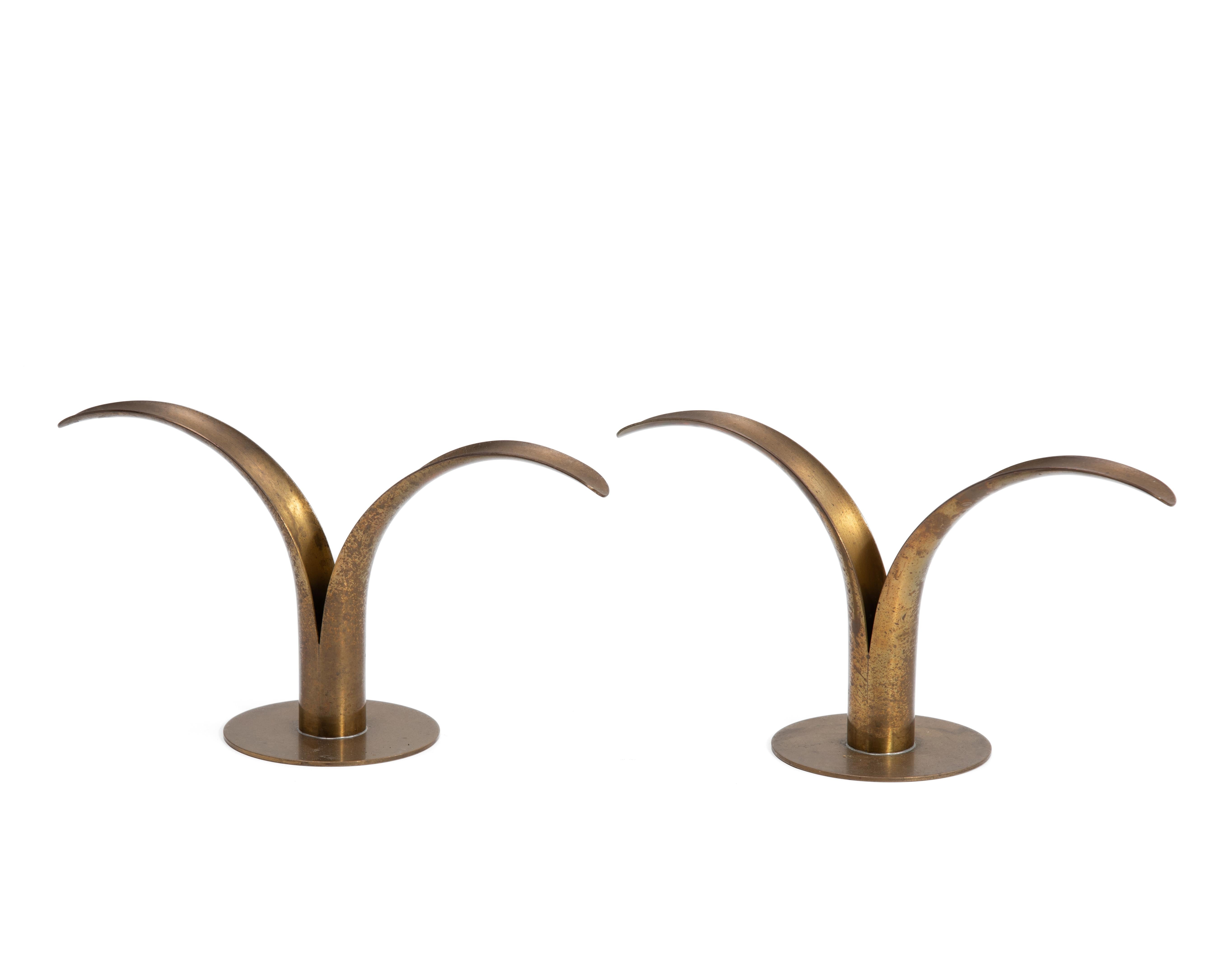 Ystad Metall Ivar Åhlenius Björk Sweden Lily Brass Mid Century Candlesticks Pair For Sale 2