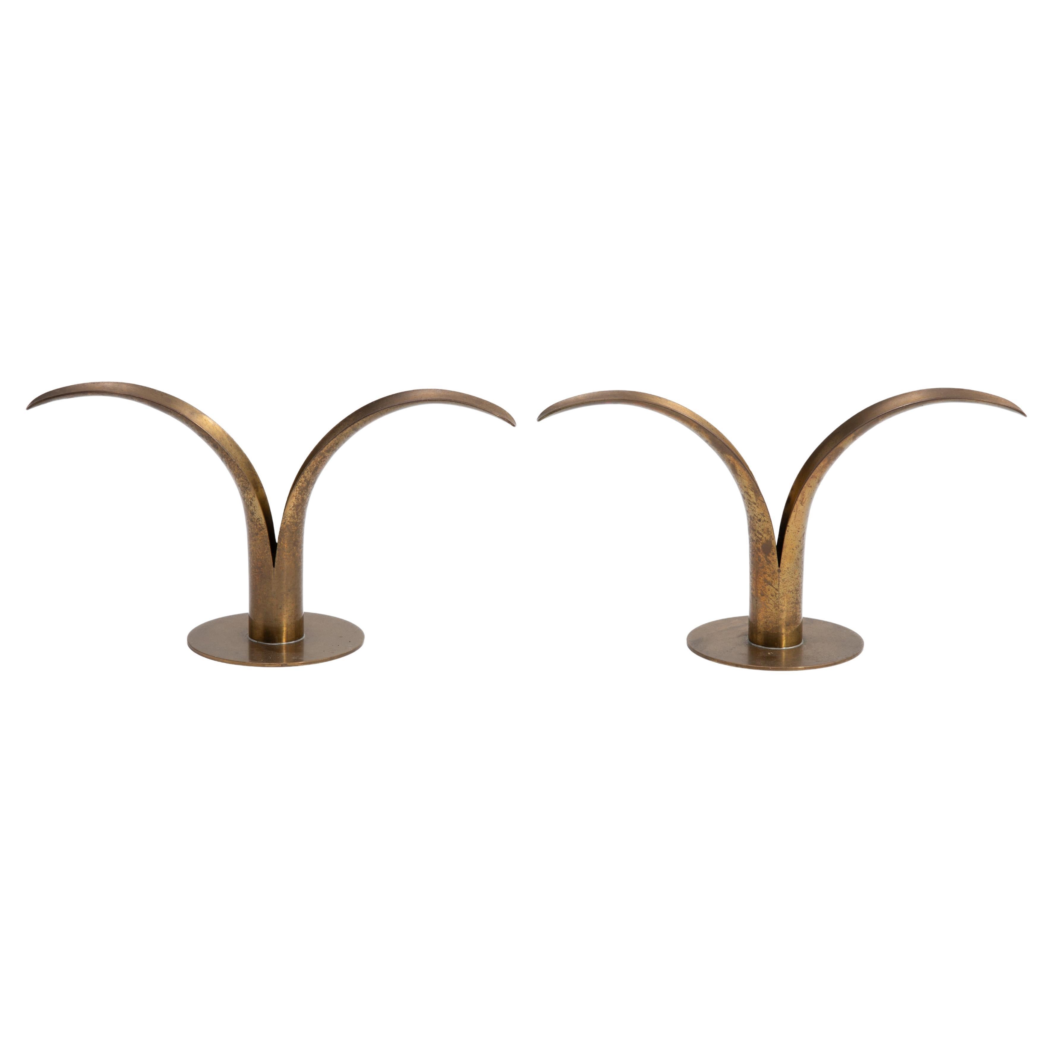 Ystad Metall Ivar Åhlenius Björk Sweden Lily Brass Mid Century Candlesticks Pair For Sale
