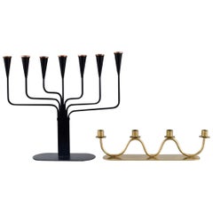 Ystad Metall, Sweden, Two Candlesticks in Brass and Black Metal, 1950s-1960s