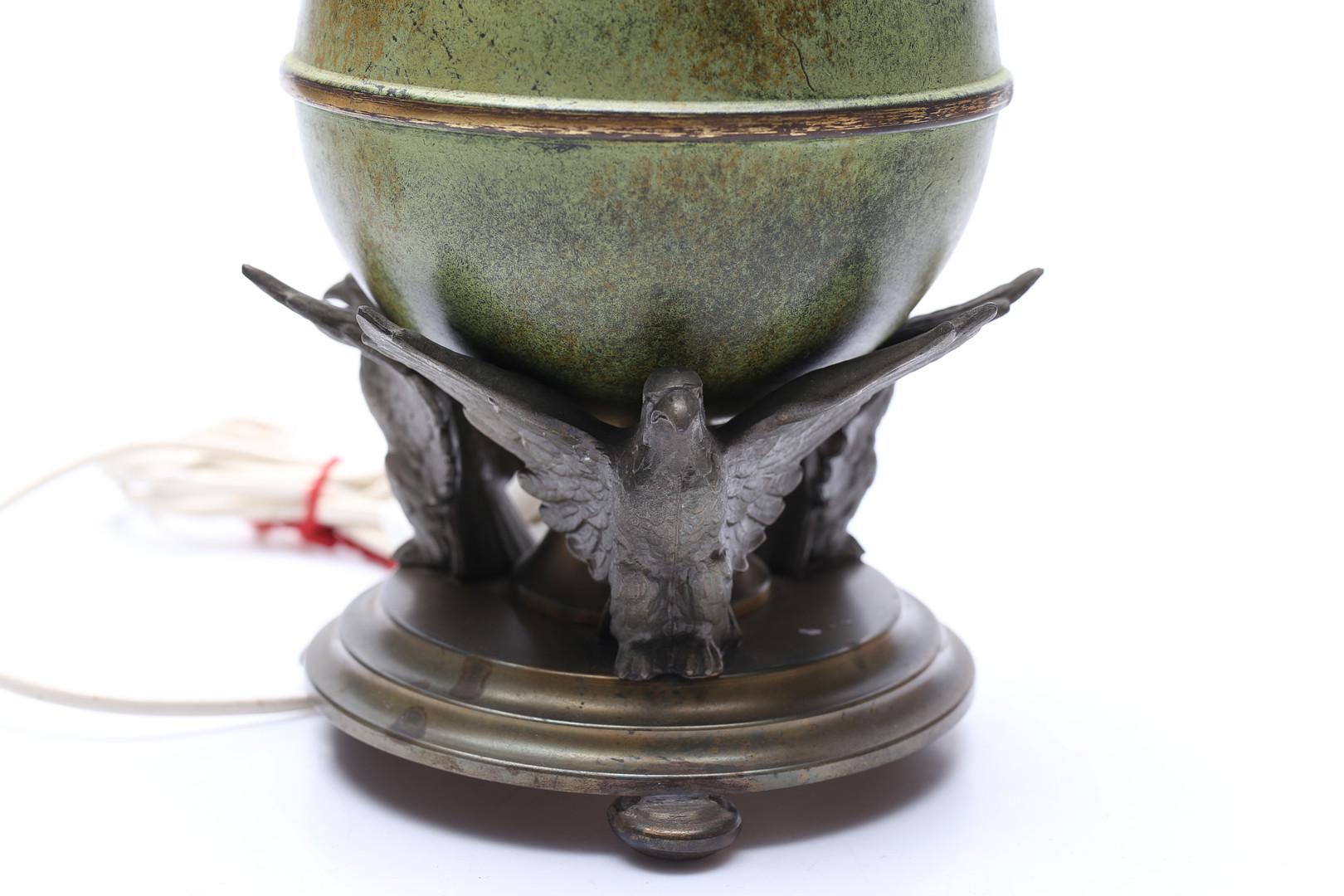 Art Deco Mid-Century Ystad-Metall Table Lamp with Patinated Globe and Bird Motif, Sweden For Sale