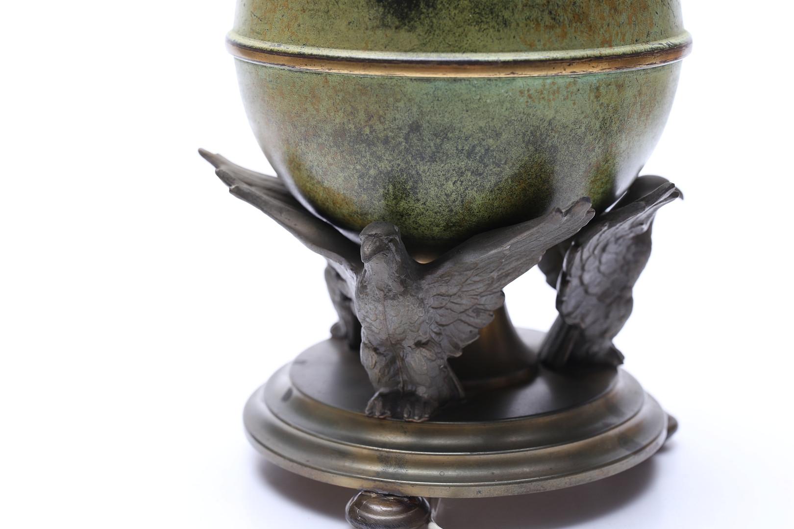 Swedish Mid-Century Ystad-Metall Table Lamp with Patinated Globe and Bird Motif, Sweden For Sale