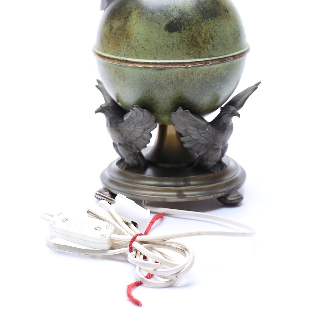 Mid-Century Ystad-Metall Table Lamp with Patinated Globe and Bird Motif, Sweden In Good Condition For Sale In Stockholm, SE