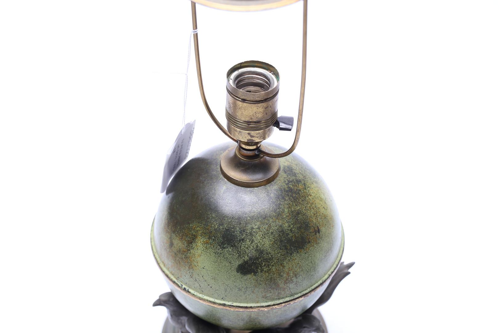 Pewter Mid-Century Ystad-Metall Table Lamp with Patinated Globe and Bird Motif, Sweden For Sale