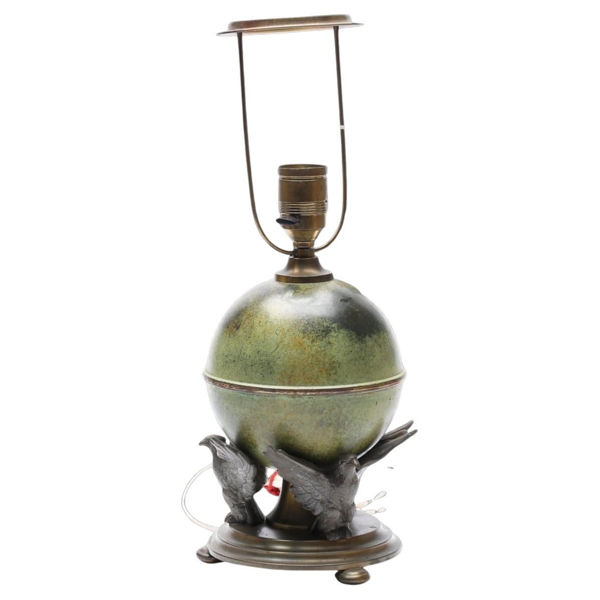 Mid-Century Ystad-Metall Table Lamp with Patinated Globe and Bird Motif, Sweden