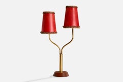 Ystad-Metall, Lámpara de mesa, latón, teca, papel pergamino, Suecia, años 50