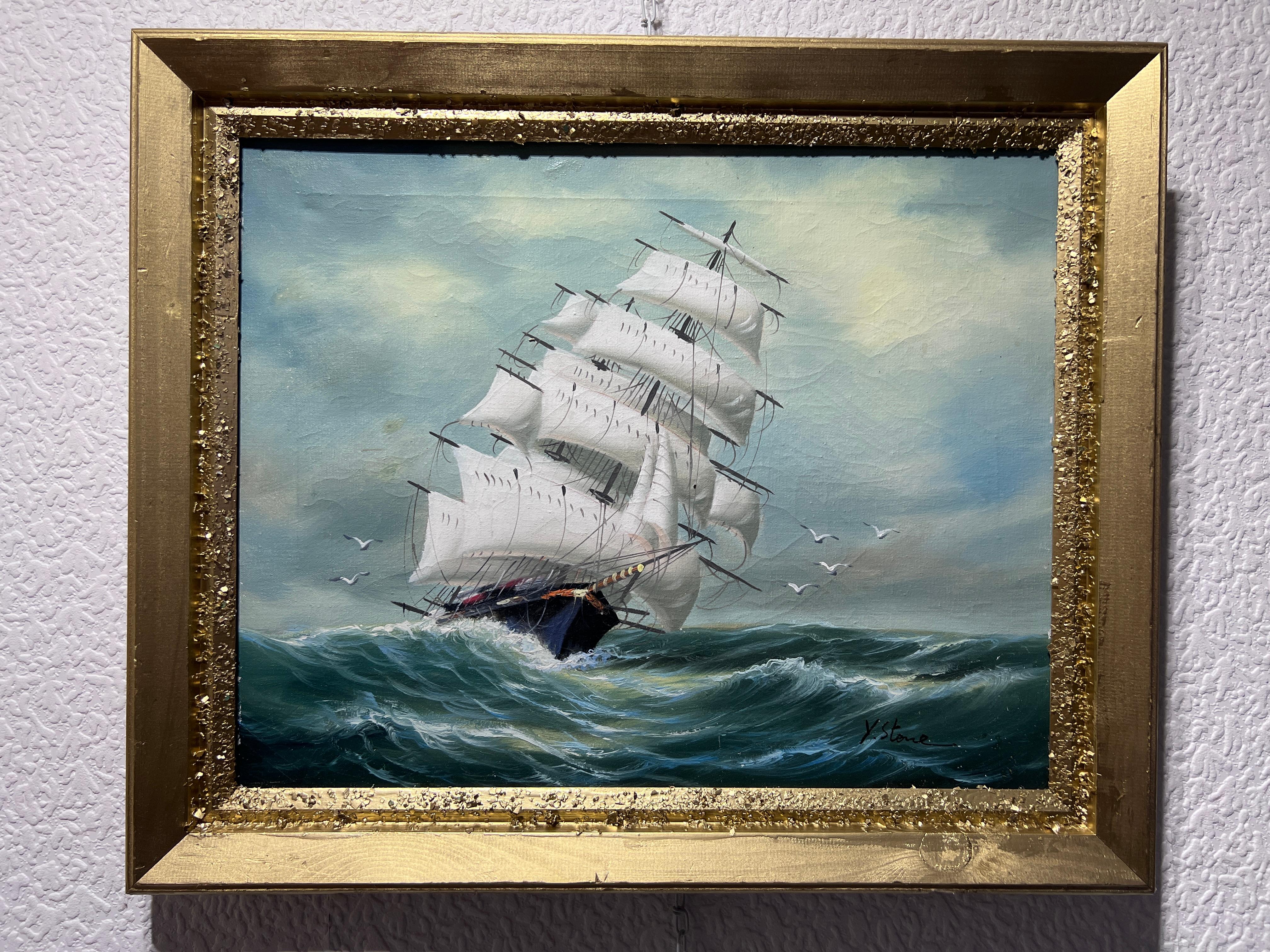 Y. Stone Pittura originale a olio su tela Paesaggio marino, nave a vela nell'oceano - Painting di Y.Stone
