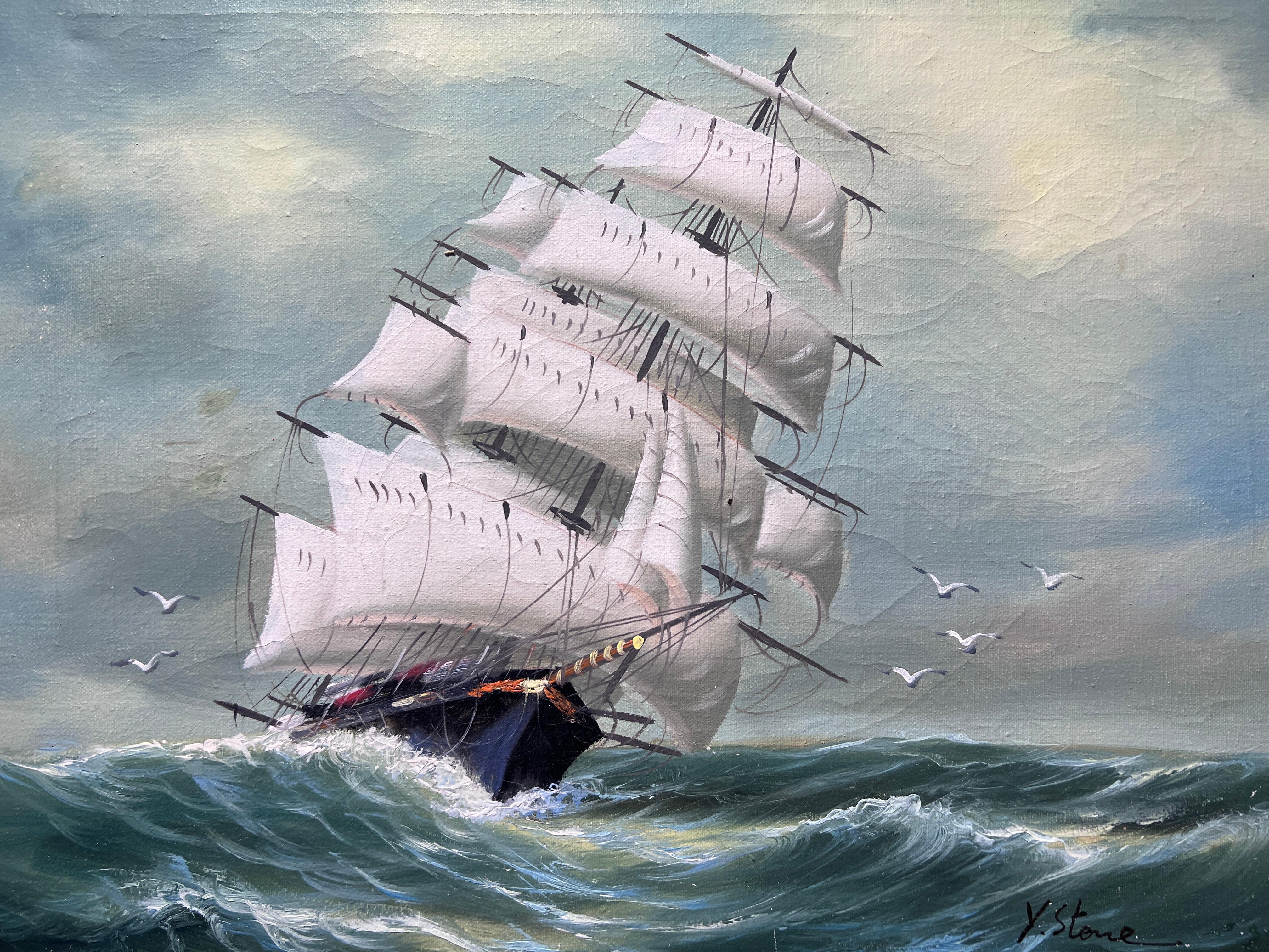 Y. Stone Pittura originale a olio su tela Paesaggio marino, nave a vela nell'oceano - Painting Impressionismo di Y.Stone