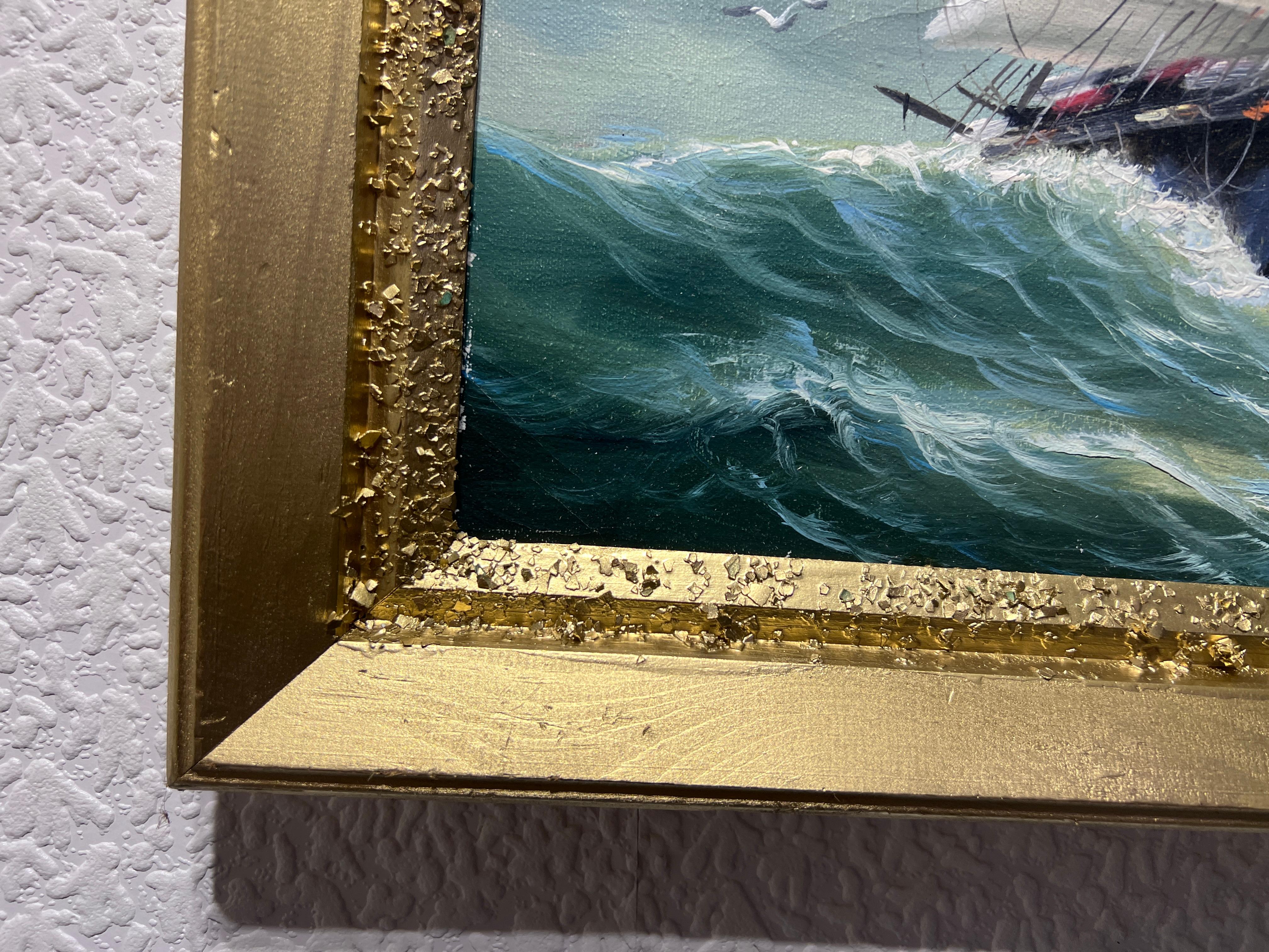 Y. Stone Pittura originale a olio su tela Paesaggio marino, nave a vela nell'oceano - Landscape Painting Grigio di Y.Stone