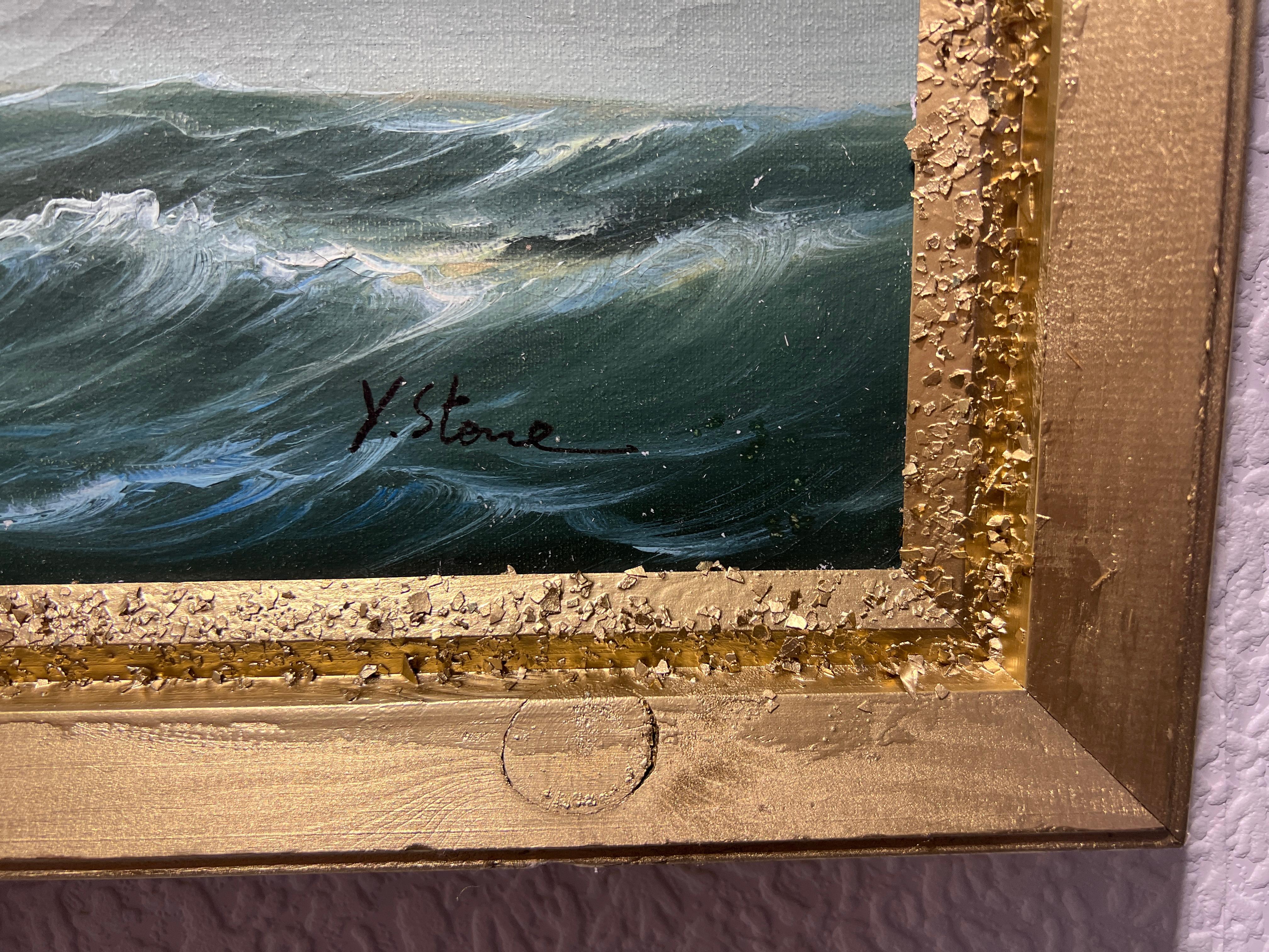 Y. Stone Pittura originale a olio su tela Paesaggio marino, nave a vela nell'oceano 3