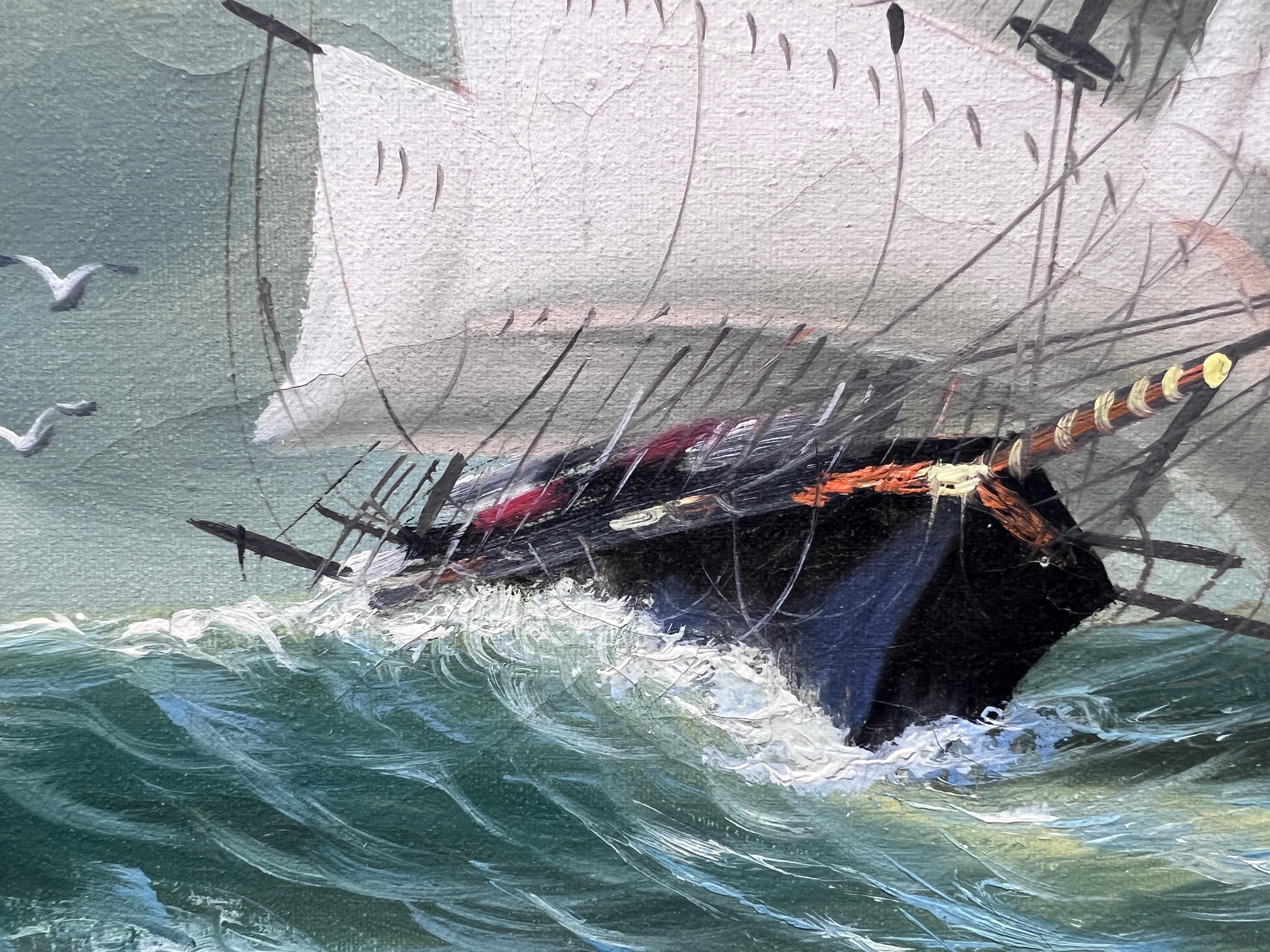 Y. Stone Pittura originale a olio su tela Paesaggio marino, nave a vela nell'oceano 4