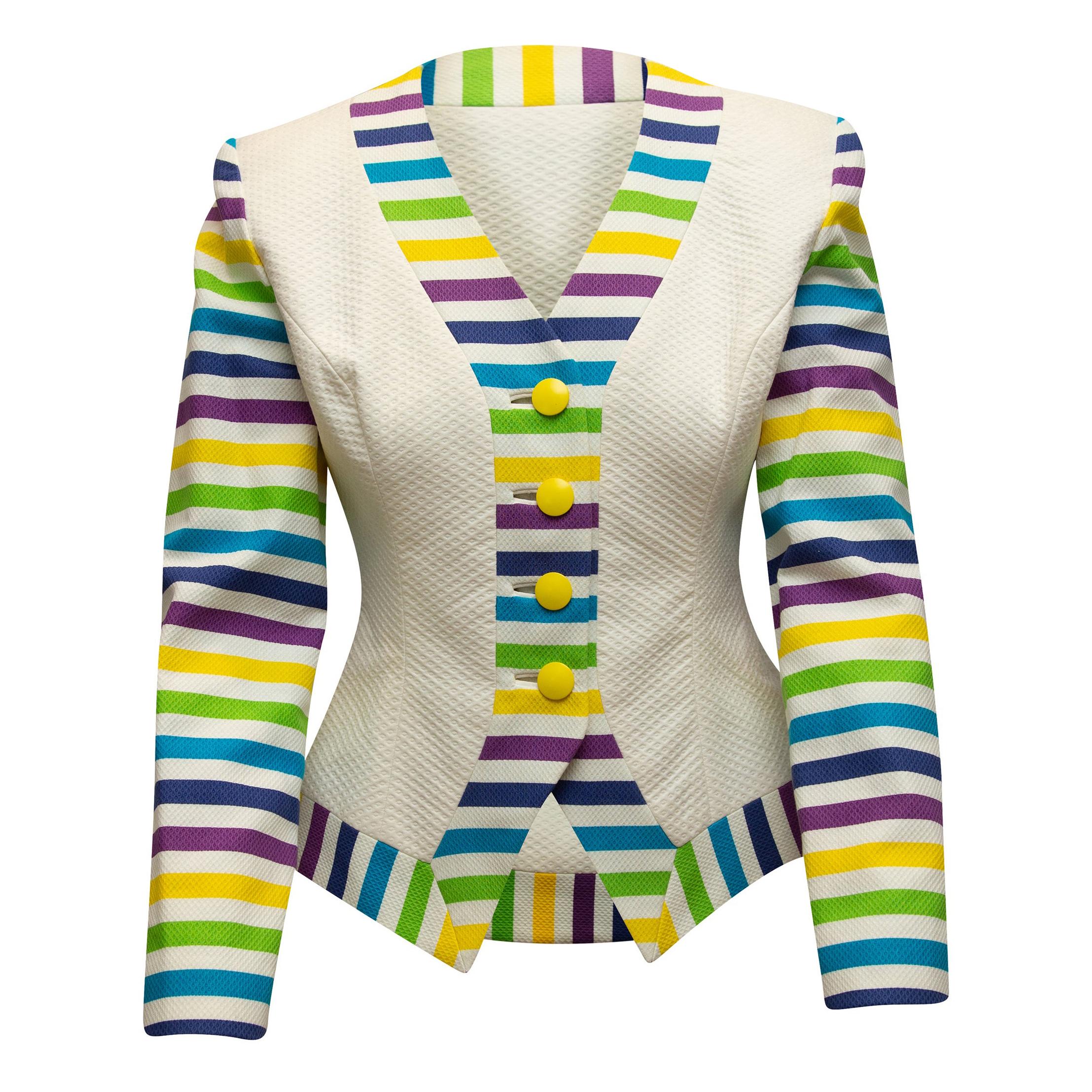 YT by Travilla White & Multicolor Collarless Jacket