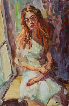 Ritratto di Yu Xia Olio originale su tela "Donna accanto alla finestra