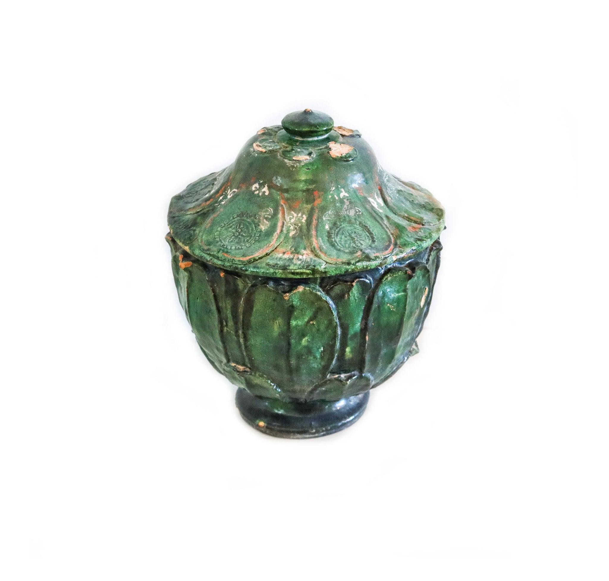 YUAN DYNASTY 1300 AD Green Glazed Large Lidded Vessel With Lotus Relief For Sale 3