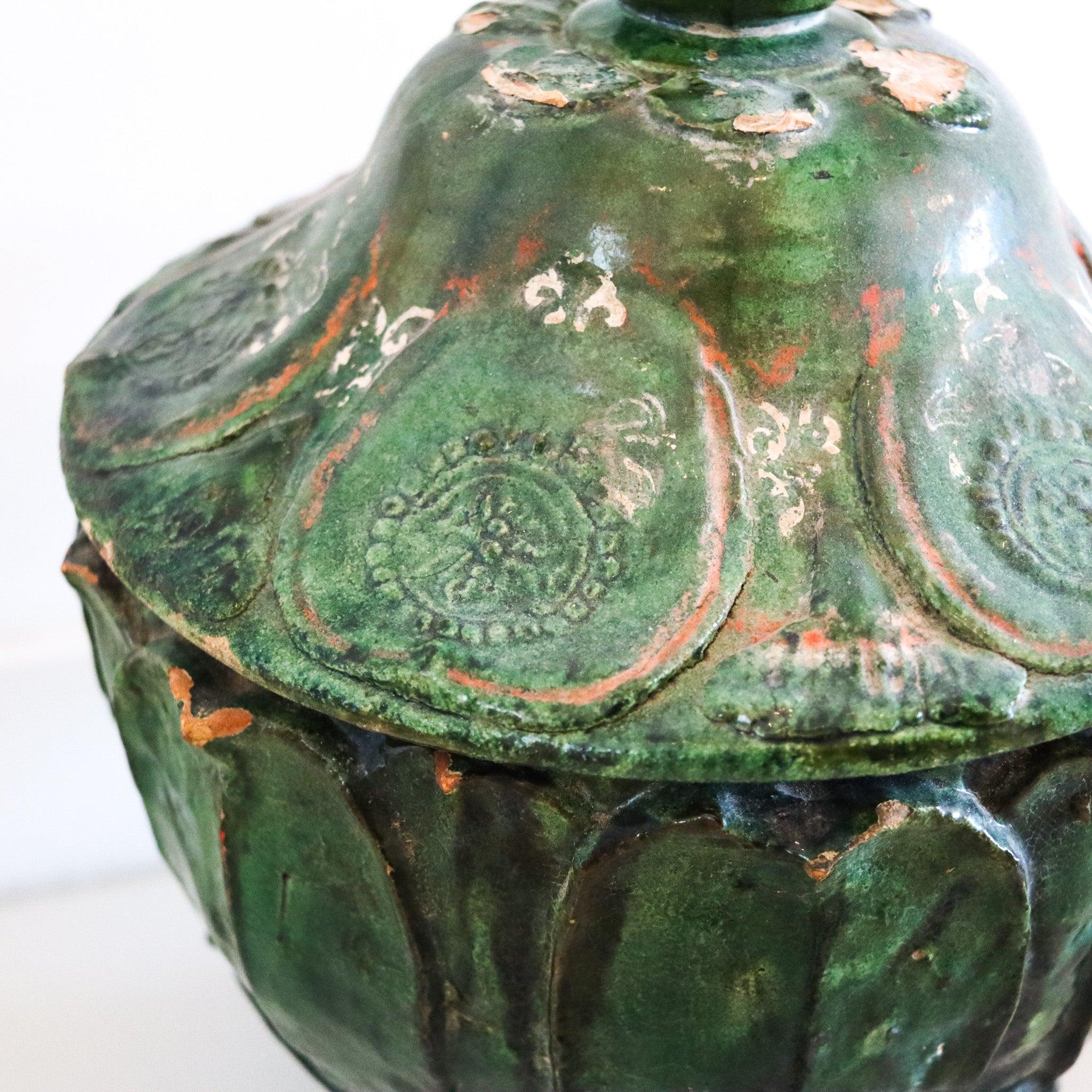 Green Glazed Large Lidded Vessel from the Yuan Dynasty.

This is a fabulous large lidded vessel from the Yuan Dynasty, circa 14th century. The vessel was made as an offering jar with lotus flowers in high relief. Which are decorated with green-leaf