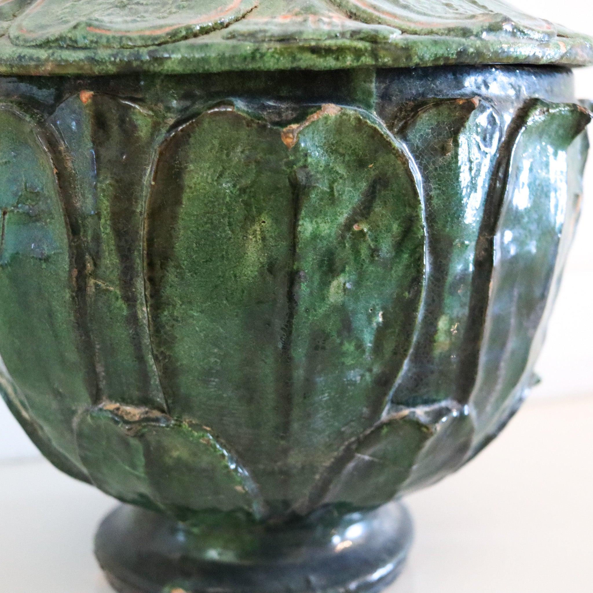 Other YUAN DYNASTY 1300 AD Green Glazed Large Lidded Vessel With Lotus Relief For Sale
