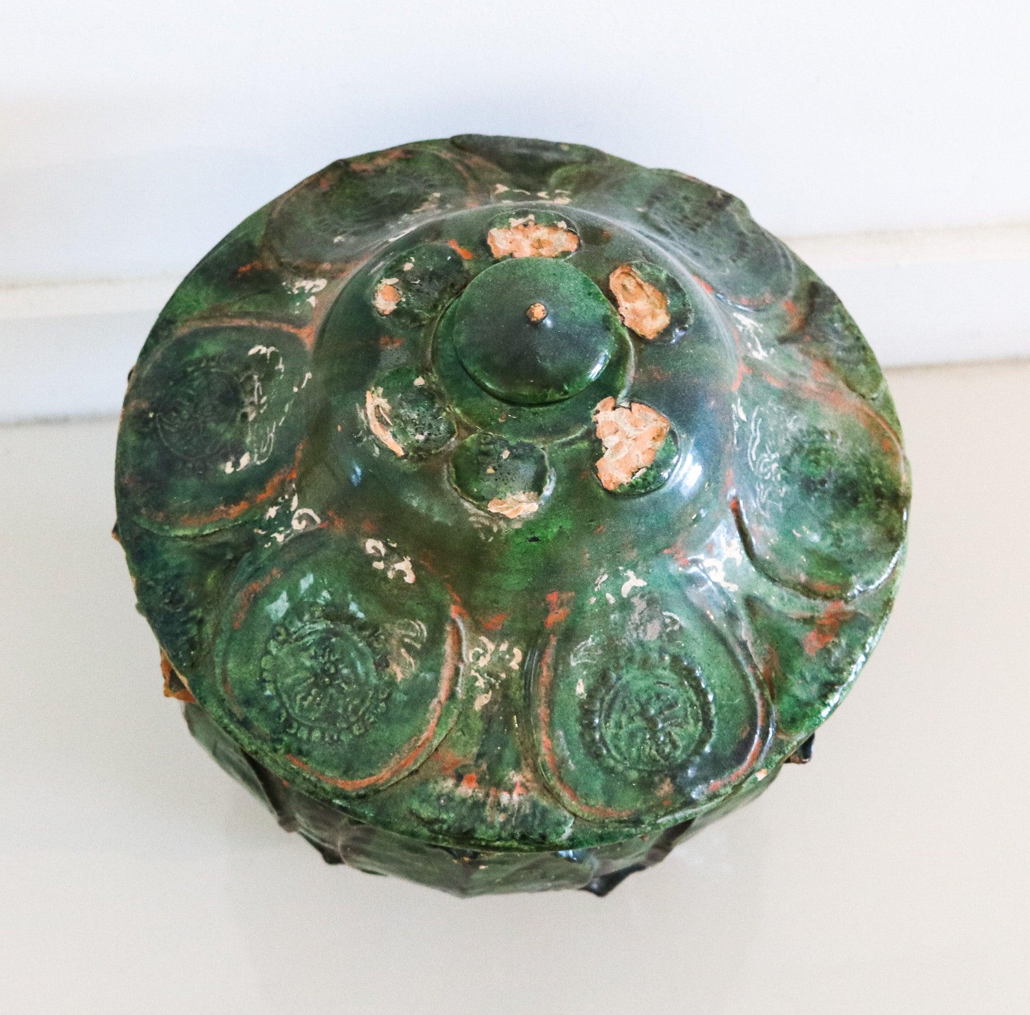 YUAN DYNASTY 1300 AD Green Glazed Large Lidded Vessel With Lotus Relief In Good Condition For Sale In Miami, FL