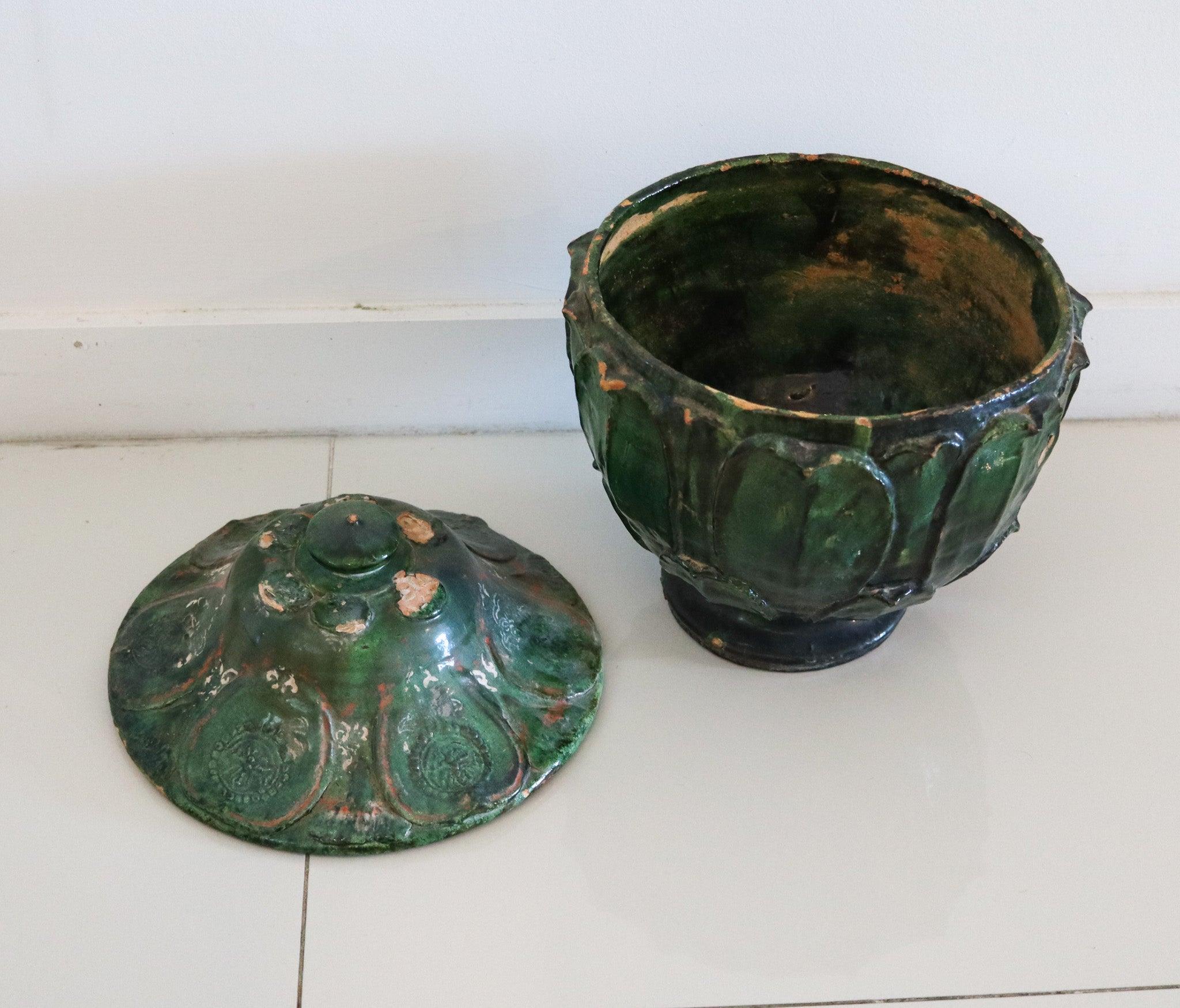 18th Century and Earlier YUAN DYNASTY 1300 AD Green Glazed Large Lidded Vessel With Lotus Relief For Sale