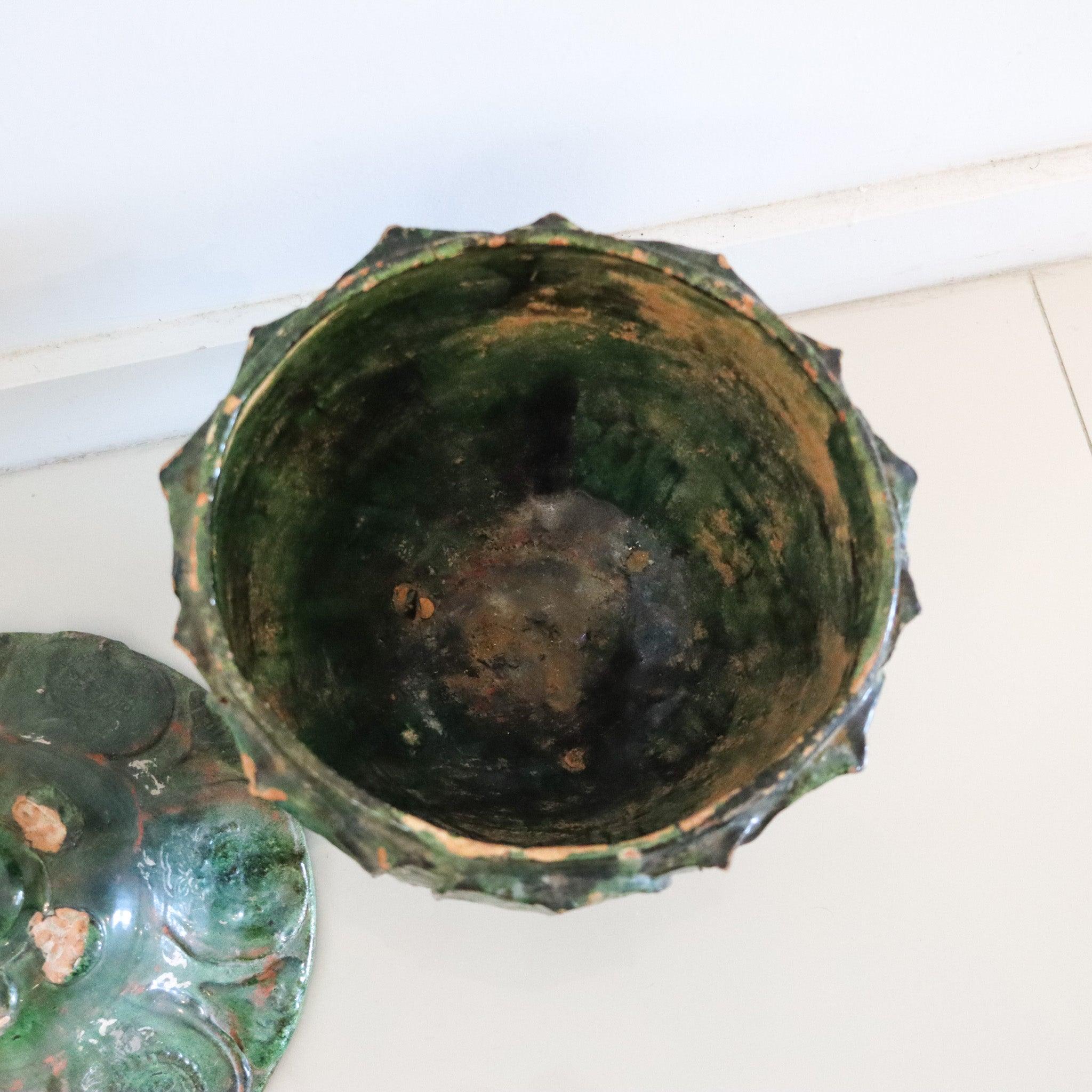 Earthenware YUAN DYNASTY 1300 AD Green Glazed Large Lidded Vessel With Lotus Relief For Sale