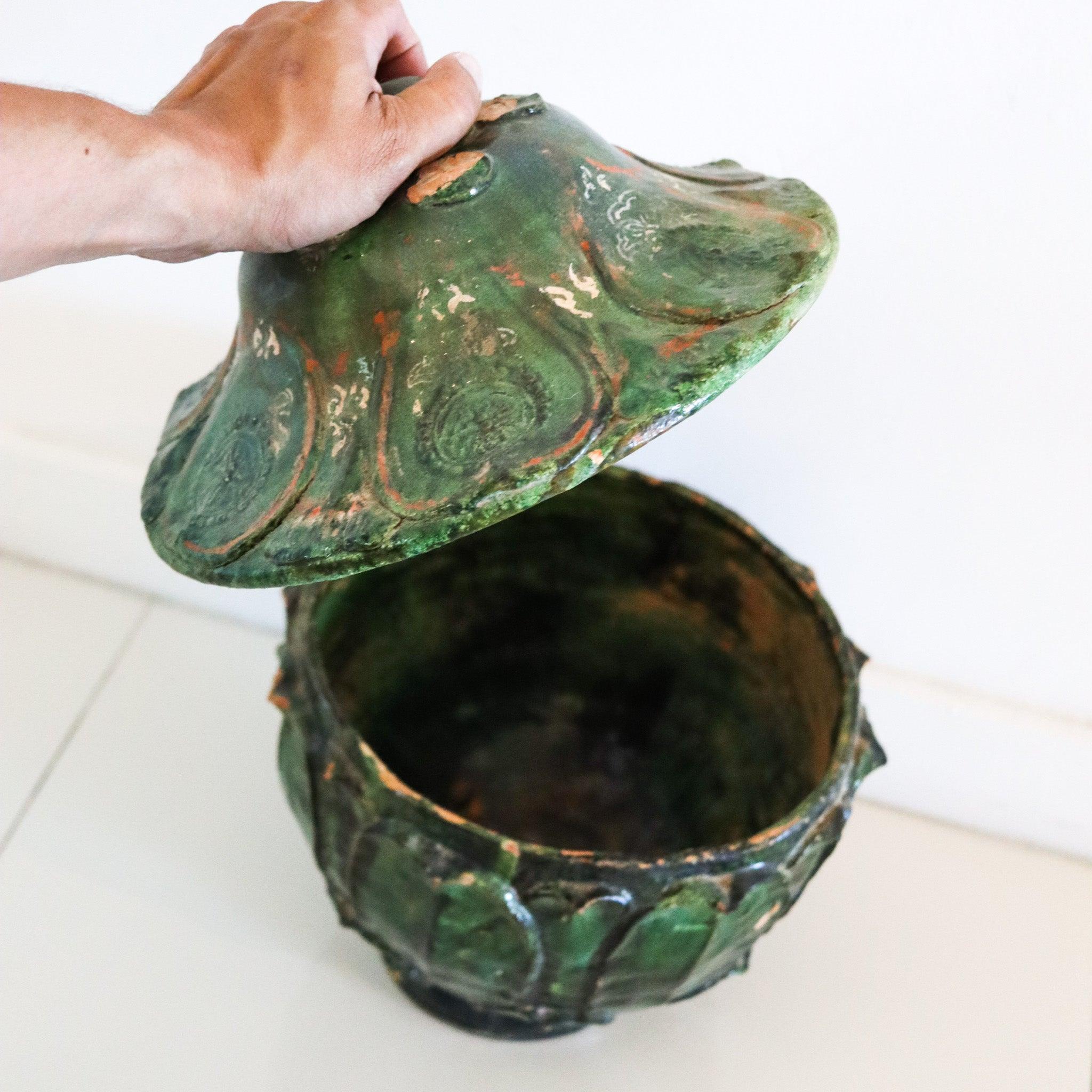 YUAN DYNASTY 1300 AD Green Glazed Large Lidded Vessel With Lotus Relief For Sale 1