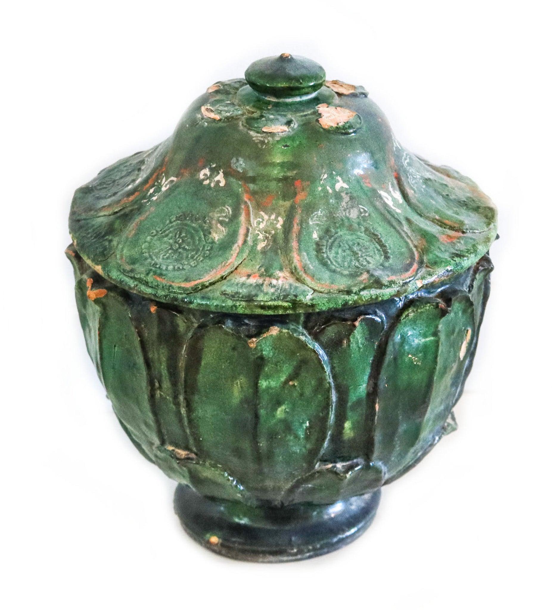 YUAN DYNASTY 1300 AD Green Glazed Large Lidded Vessel With Lotus Relief For Sale