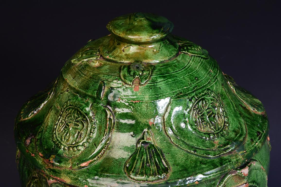 Hand-Crafted Yuan Dynasty, Antique Chinese Green Glazed Pottery Covered Jar For Sale