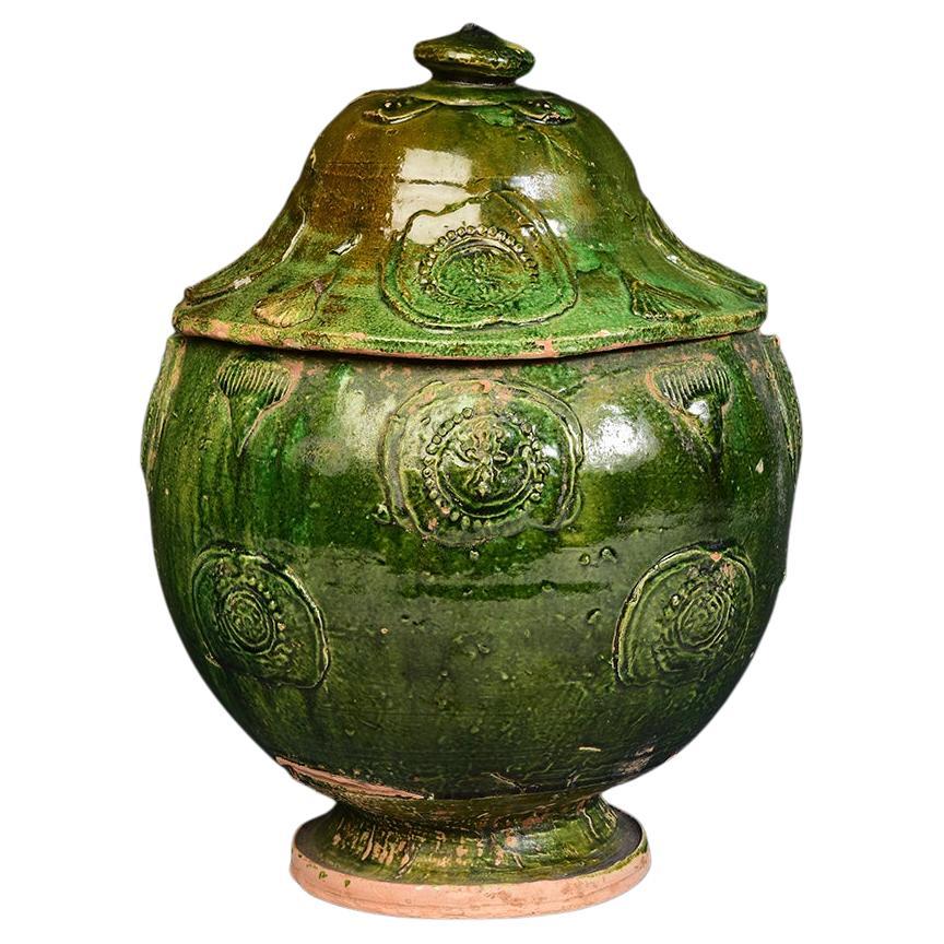 Ancienne jarre couverte en poterie vernissée verte de la dynastie Yuan, Chine en vente