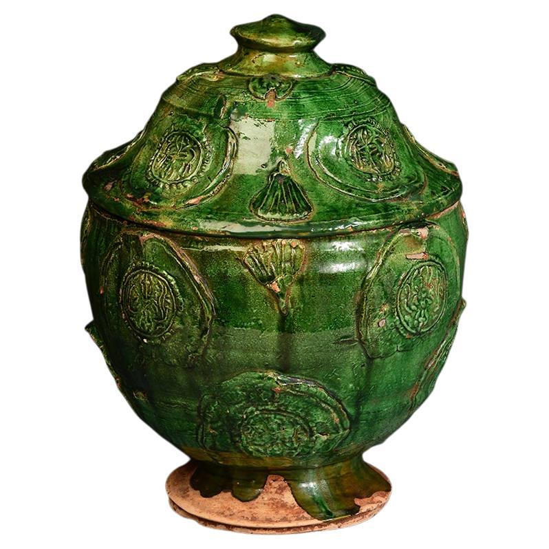 Ancienne poterie chinoise vernissée verte de la dynastie Yuan, jarre couverte