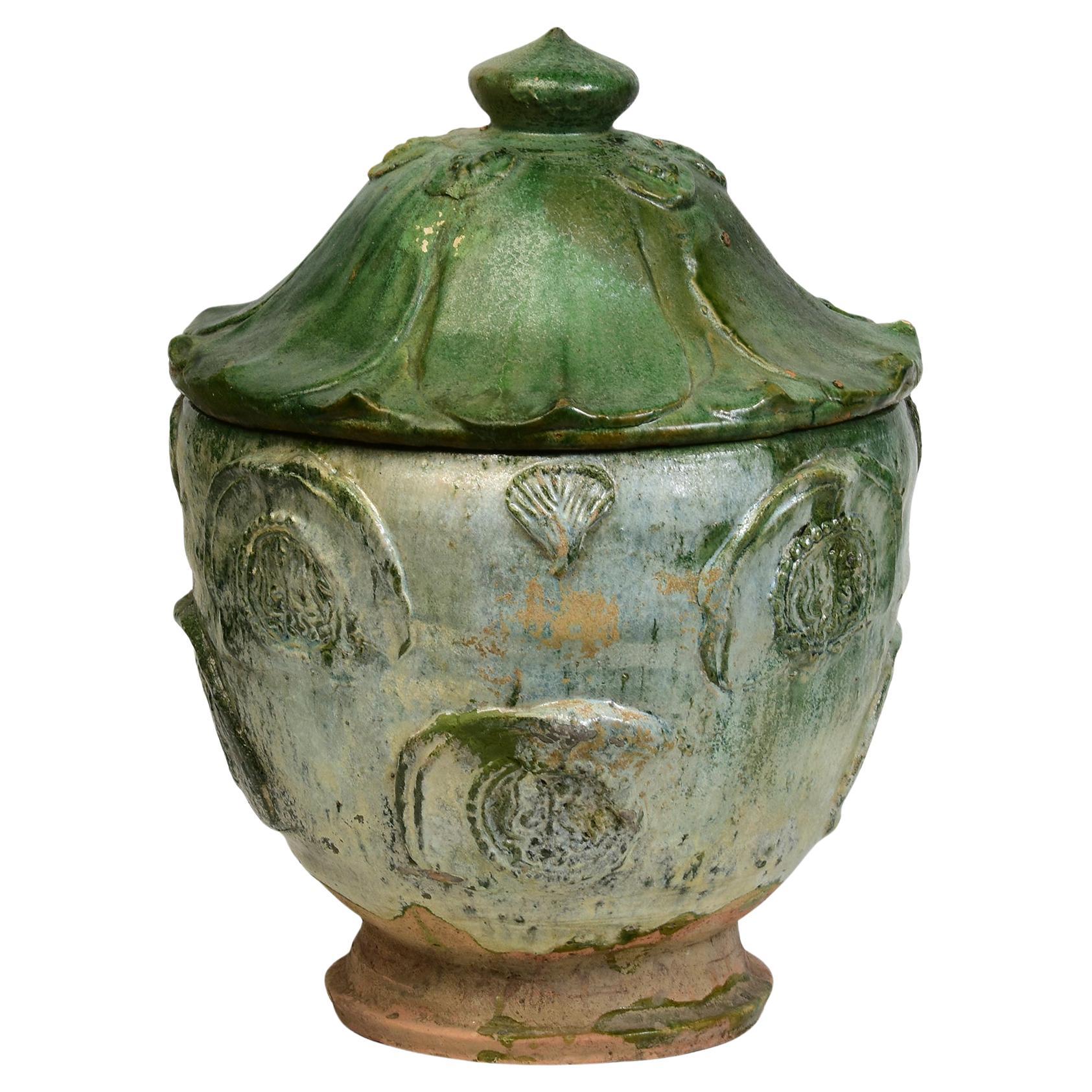 Yuan Dynasty, Antique Chinese Green Glazed Pottery Covered Jar