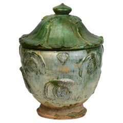 Yuan Dynasty, Antique Chinese Green Glazed Pottery Covered Jar