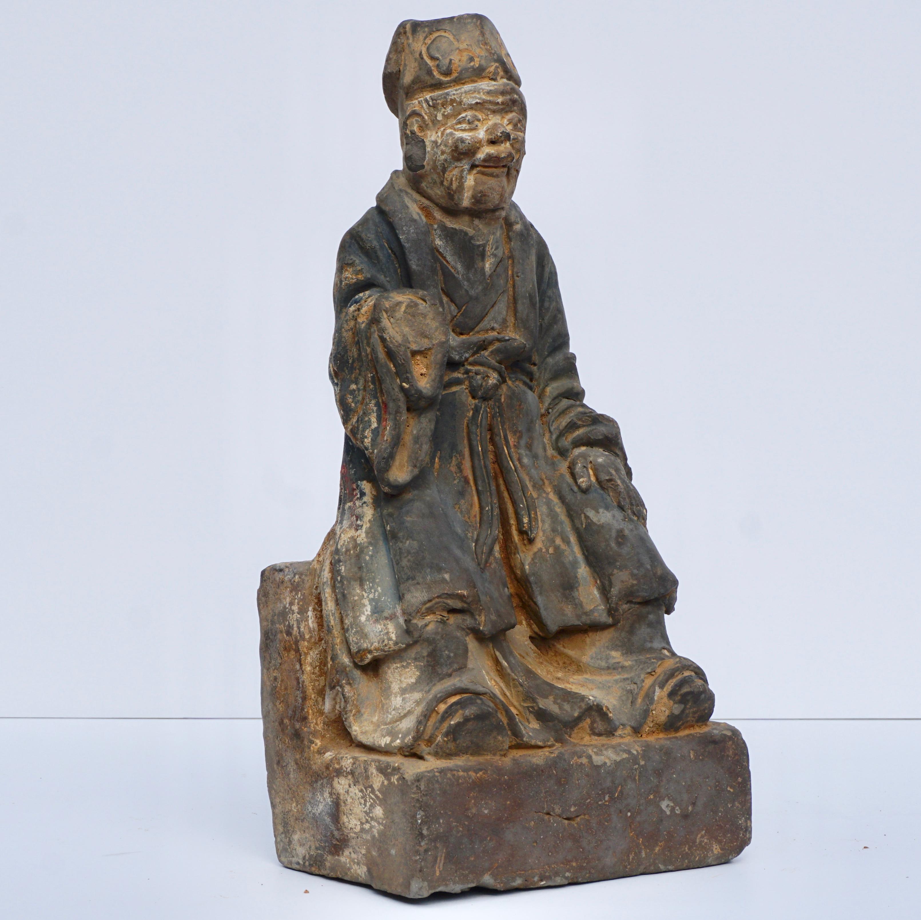 Chinese Yuan-Ming Dynasty Grey Stone Carved Daoist Figure