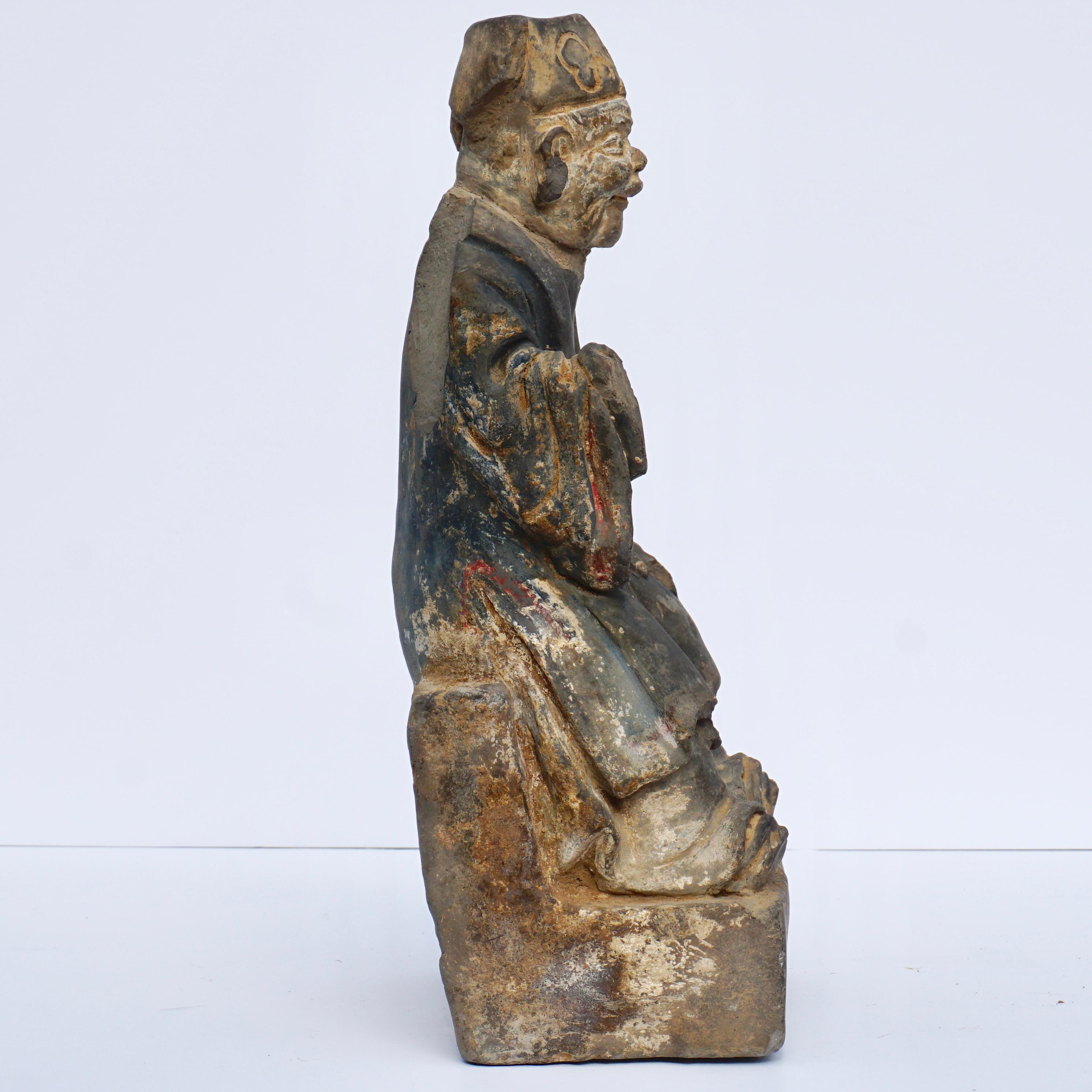 18th Century and Earlier Yuan-Ming Dynasty Grey Stone Carved Daoist Figure