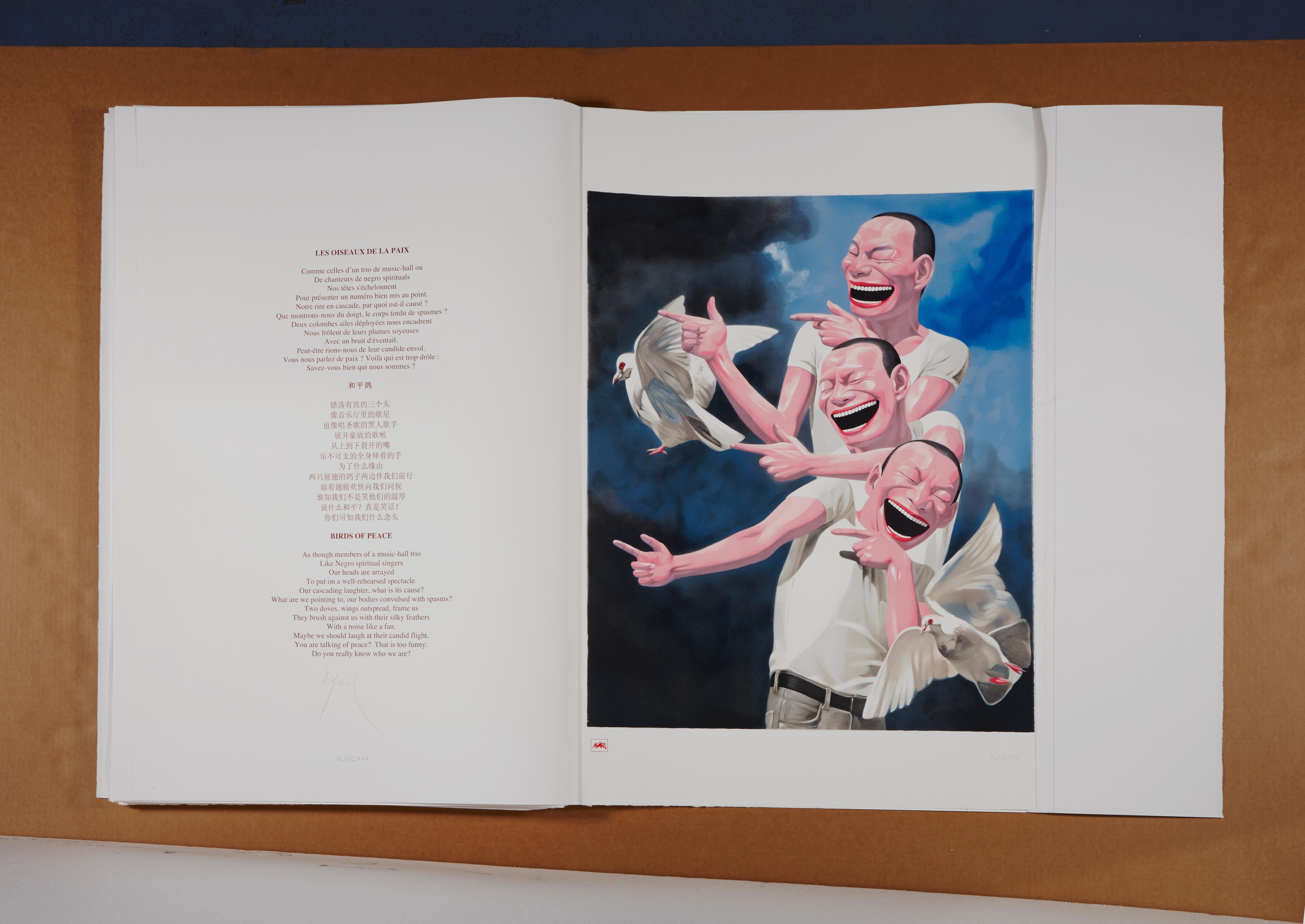 Lithographie Oiseaux de la paix, Yue Minjun, Art contemporain, édition limitée, Chine en vente 2