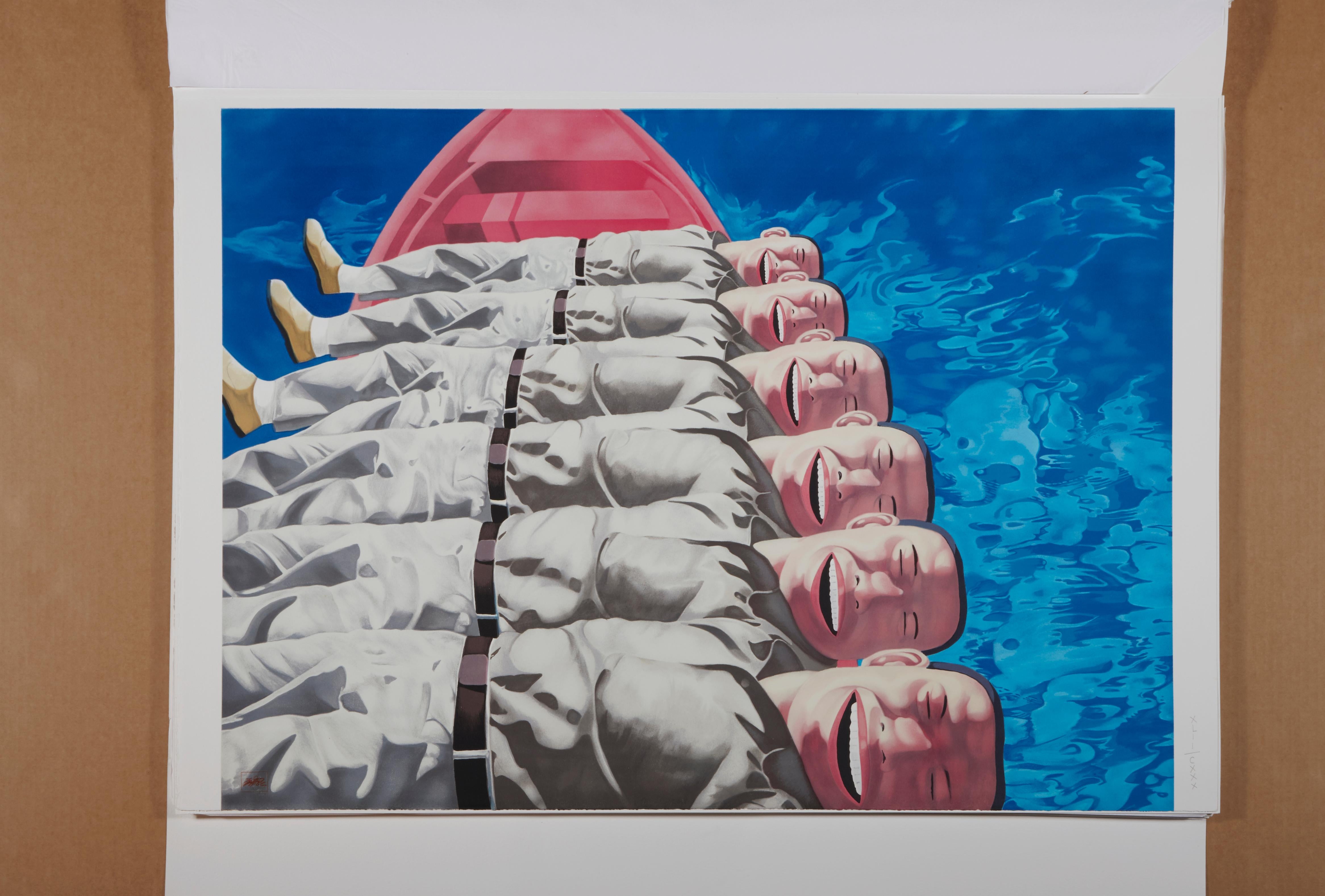 Bateau rouge, Yue Minjun- Art contemporain, lithographie, édition limitée, chinois en vente 6