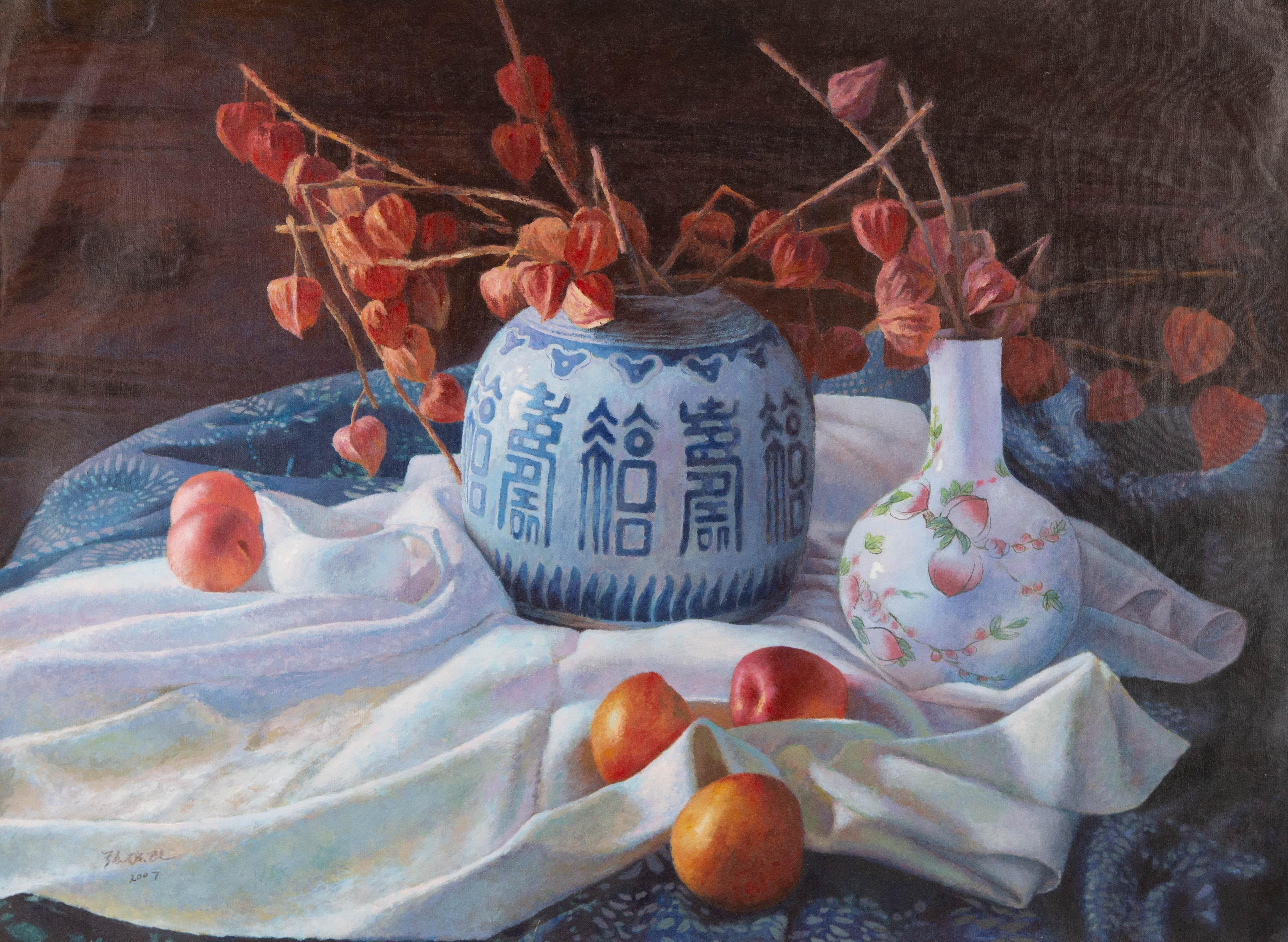 Yuemin Zhang Still Life Original Oil On Canvas "Porcelain and Fruits"