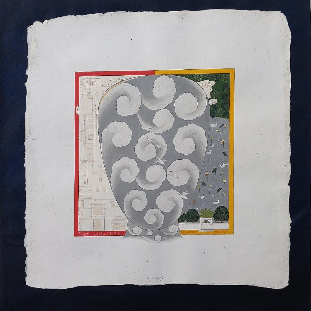 Meghdootam-2, Aguada y pan de oro sobre papel hecho a mano por artista indio "En Stock"