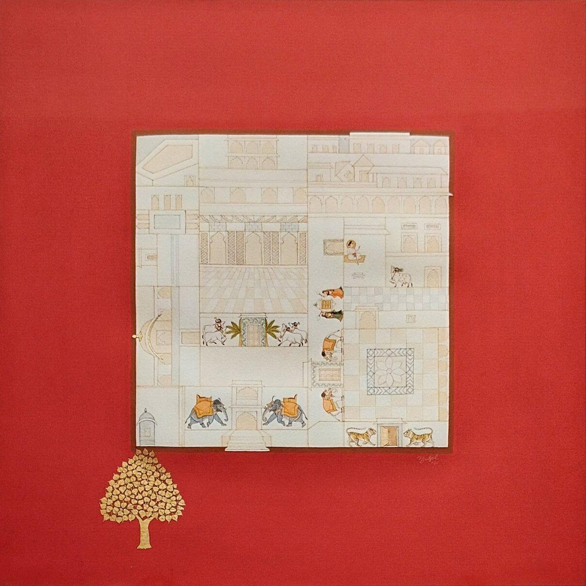The Haveli-1, Gouache & Blattgold auf handgeschöpftem Papier von indischem Künstler "Auf Lager"