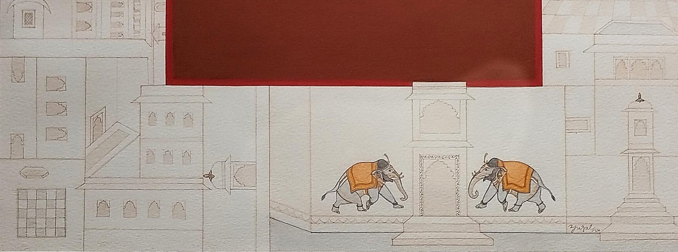 The Haveli-2, Gouache & Blattgold auf handgeschöpftem Papier von indischem Künstler 