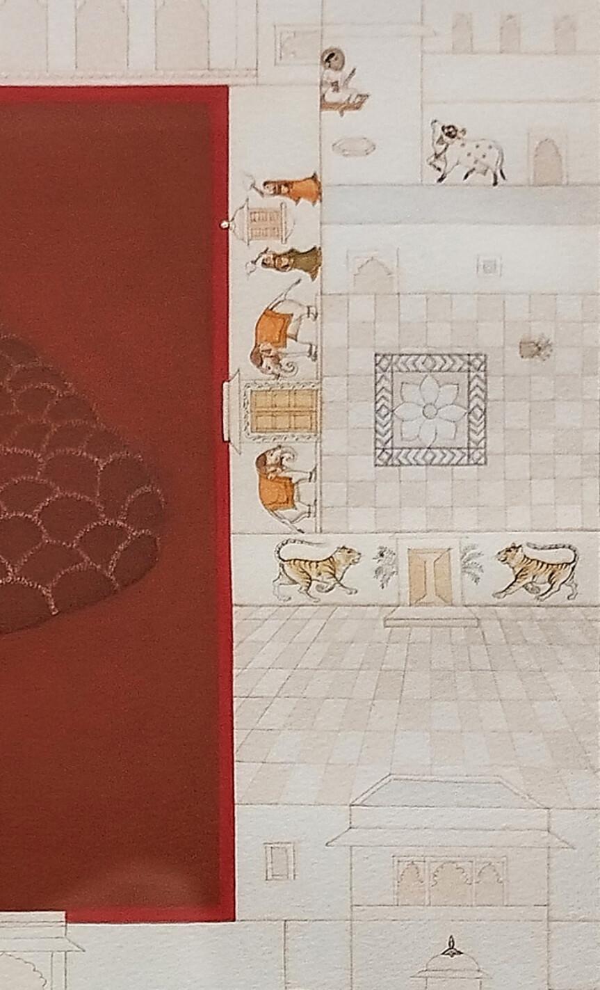 The Haveli-2, Gouache & Blattgold auf handgeschöpftem Papier von indischem Künstler 