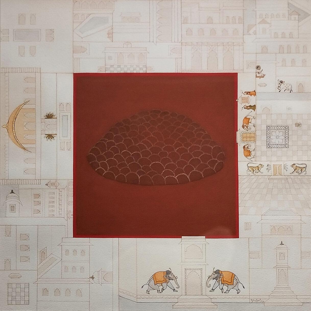 The Haveli-2, Gouache & Blattgold auf handgeschöpftem Papier von indischem Künstler "Auf Lager"