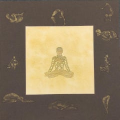 Yoga mit fünf Elementen, Aquarell, Blattgold des zeitgenössischen Künstlers „In Stock“