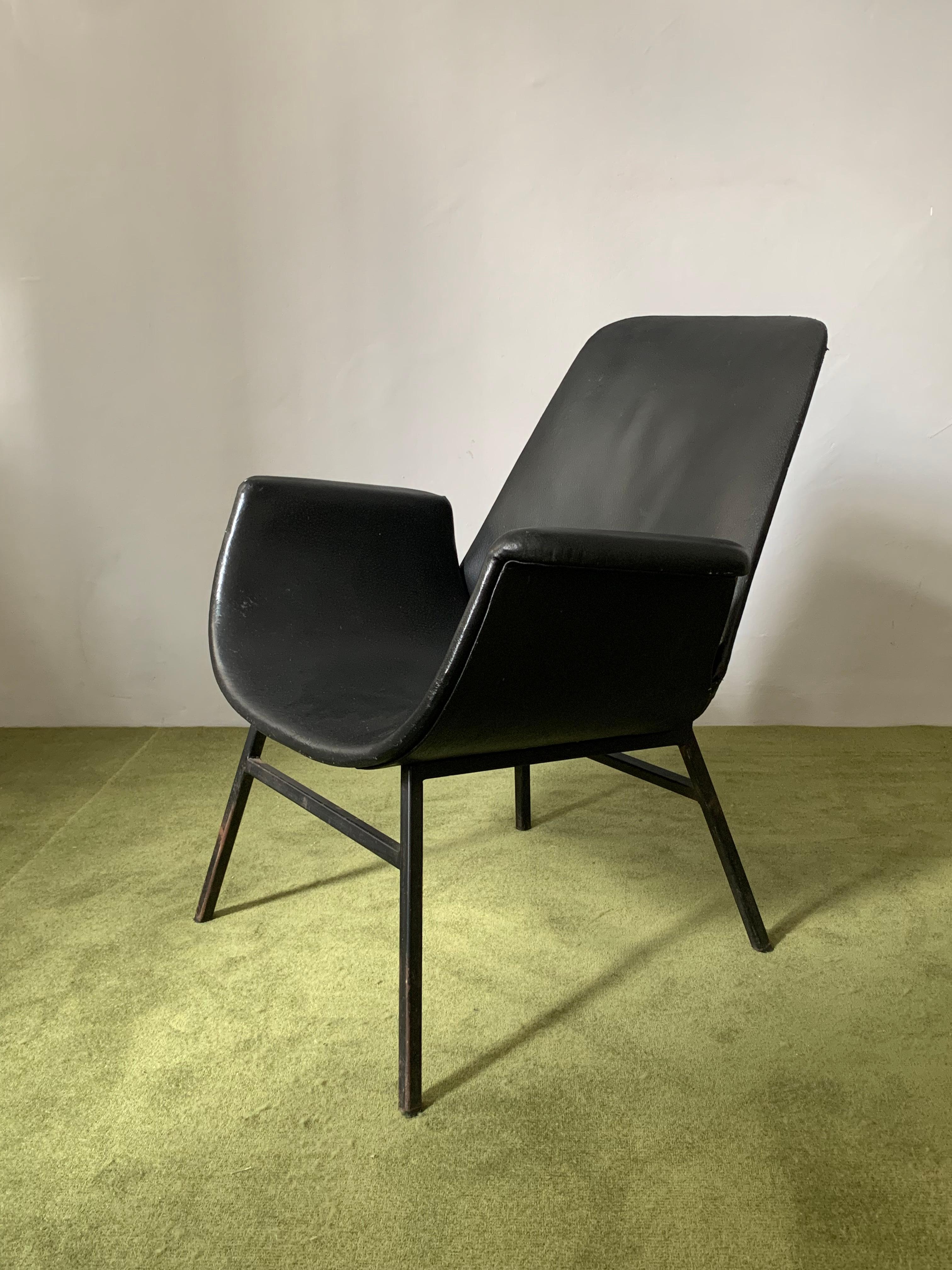 Metal Yugoslavian Leather Lounge Chair from 1960's in the style of Alvin Lustig For Sale