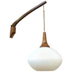 Yugoslavian Modernist Hanging Wall Sconce in Teak and Frosted Glass